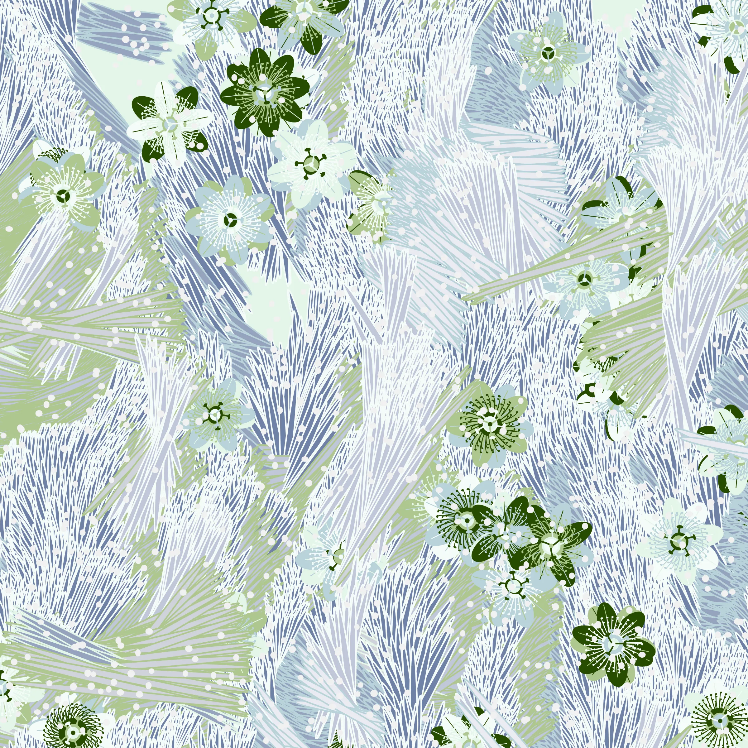 “Fragments of an infinite field” is a compositional system in which an idealized plant species is generated and arranged in a potentially infinite field of foliage. The main environmental parameter of the composition is the determination of a season of the year. The season determines the landscape’s colors and defines specific phenomena for each of them, such as rain in summer, snow in winter, petals falling in autumn, and pollen in spring. The flower has several possible variables, which can be macro aspects, affecting the entire population of the species, or micro, affecting each individual of the species differently. For example, the number of petals can be equal in all individuals or not. The number of filaments and other structures of the flower can undergo minor deviations, generating small mutations. The confusion between the figure (plant) and the background (earth, sky, other natural elements) is fascinating from a compositional point of view. The background colors are, most of the time, colors present in the figures, often breaking the boundary between them and, therefore, generating chromatic masses. In this project I also intend to research the following question: How to create parameters that resemble a living organism's growth? In this sense, the project approaches digital morphogenesis and the development of procedural organisms.