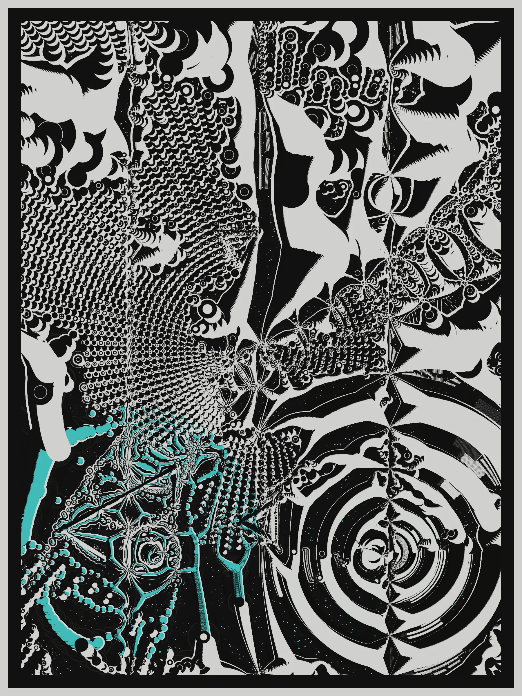 In the year 3075 of the Second Nuclear Age, a laboratory of an unknown race of aliens was discovered on the planet Vtolmr while drilling a well of molecular oil. Its presumed purpose is to study genetic mutations of races from neighboring planets. During the laboratory investigation, 512 silicon impressions with DNA of different alien species were extracted. Modern methods of quantum analysis do not allow the deciphering of the data obtained. At this point, their value is purely aesthetic. But that may change in time.

Press 1 to 9 - change the pixel density
Press "s" - save the image