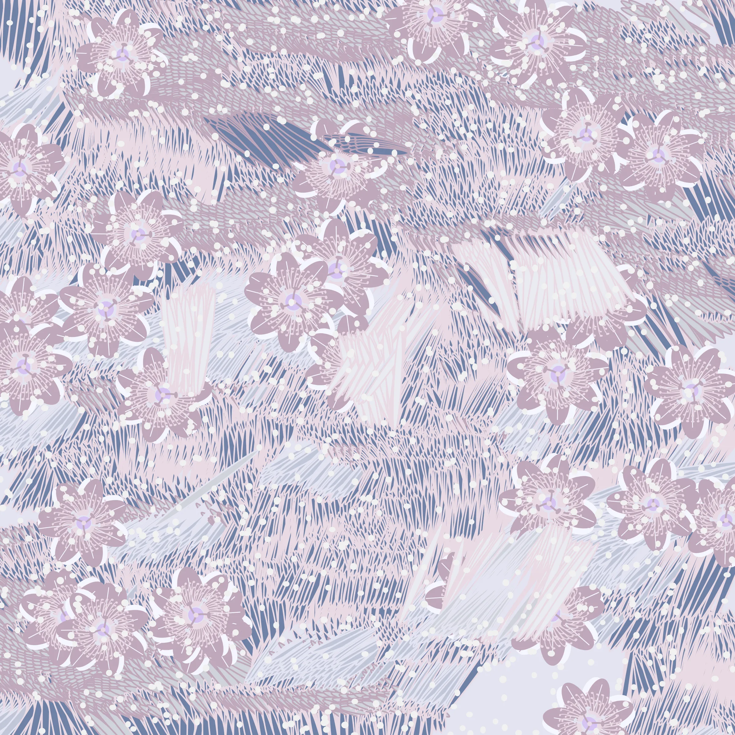 “Fragments of an infinite field” is a compositional system in which an idealized plant species is generated and arranged in a potentially infinite field of foliage. The main environmental parameter of the composition is the determination of a season of the year. The season determines the landscape’s colors and defines specific phenomena for each of them, such as rain in summer, snow in winter, petals falling in autumn, and pollen in spring. The flower has several possible variables, which can be macro aspects, affecting the entire population of the species, or micro, affecting each individual of the species differently. For example, the number of petals can be equal in all individuals or not. The number of filaments and other structures of the flower can undergo minor deviations, generating small mutations. The confusion between the figure (plant) and the background (earth, sky, other natural elements) is fascinating from a compositional point of view. The background colors are, most of the time, colors present in the figures, often breaking the boundary between them and, therefore, generating chromatic masses. In this project I also intend to research the following question: How to create parameters that resemble a living organism's growth? In this sense, the project approaches digital morphogenesis and the development of procedural organisms.