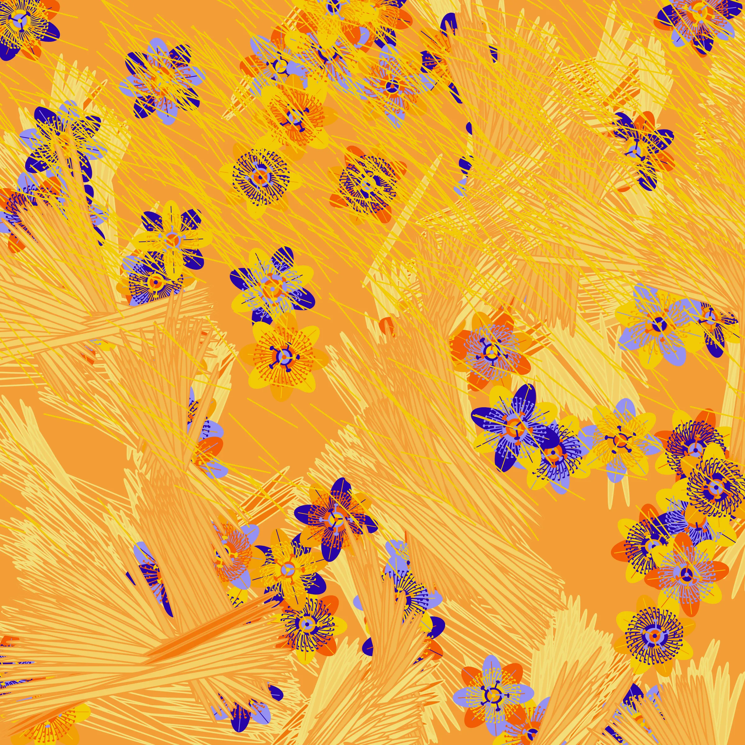 “Fragments of an infinite field” is a compositional system in which an idealized plant species is generated and arranged in a potentially infinite field of foliage. The main environmental parameter of the composition is the determination of a season of the year. The season determines the landscape’s colors and defines specific phenomena for each of them, such as rain in summer, snow in winter, petals falling in autumn, and pollen in spring. The flower has several possible variables, which can be macro aspects, affecting the entire population of the species, or micro, affecting each individual of the species differently. For example, the number of petals can be equal in all individuals or not. The number of filaments and other structures of the flower can undergo minor deviations, generating small mutations. The confusion between the figure (plant) and the background (earth, sky, other natural elements) is fascinating from a compositional point of view. The background colors are, most of the time, colors present in the figures, often breaking the boundary between them and, therefore, generating chromatic masses. In this project I also intend to research the following question: How to create parameters that resemble a living organism's growth? In this sense, the project approaches digital morphogenesis and the development of procedural organisms.