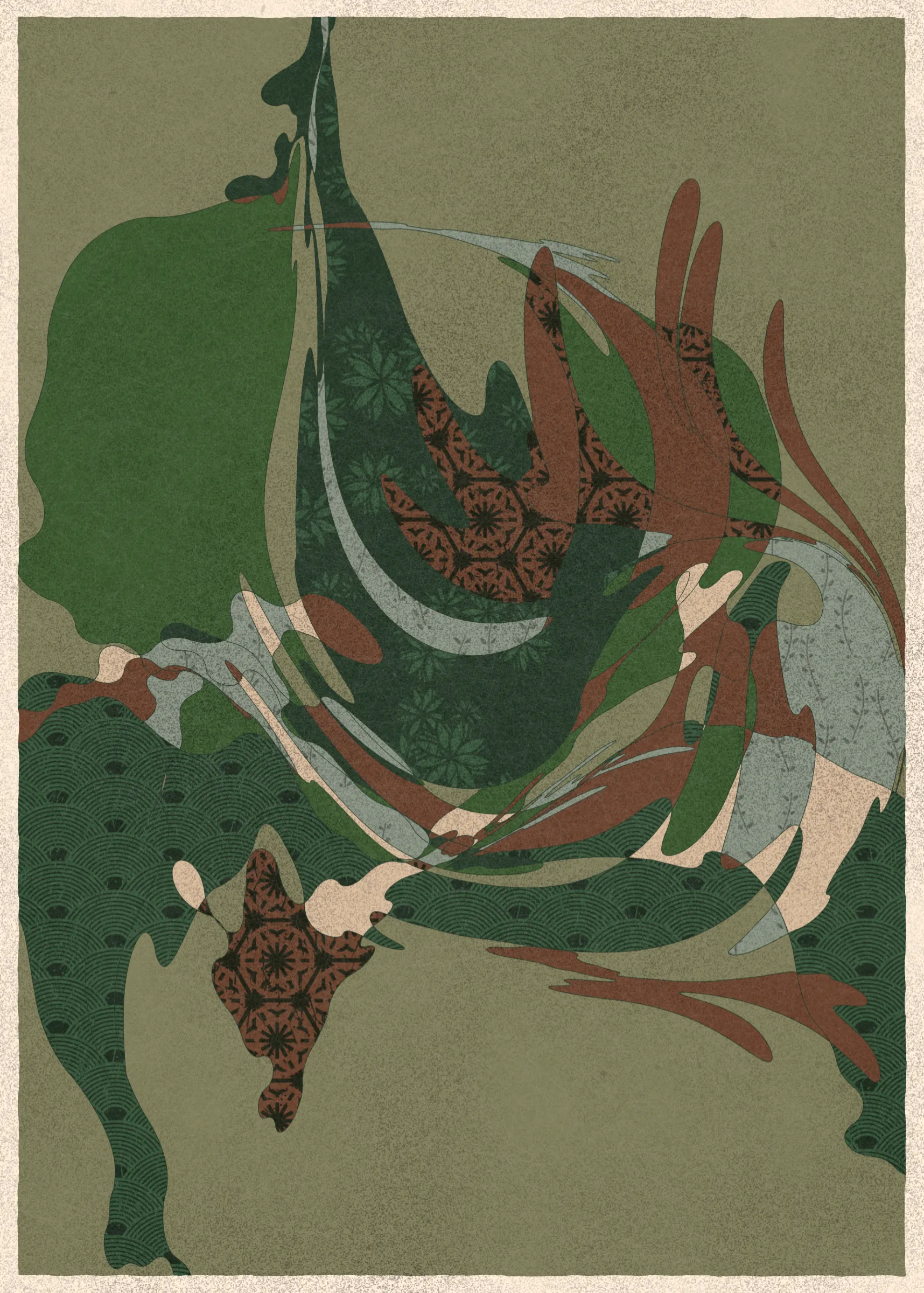 Memories of Qilin is inspired by traditional East Asian art. It channels the sense of movement and fluidity found in classical Chinese brushwork, while drawing from the colors, patterns, and forms of ukiyo-e woodblock prints. 

The series explores elements of folklore, evoking the mythological imagery of dragons, phoenixes, flowers, and mountains.  The title references a fabled chimerical beast found throughout East Asian mythology (while the qilin is its Chinese name, it is also known in Korea as the girin and Japan as the kirin) that represents prosperity and luck.

Viewers are invited to interpret elusive forms that verge on representation. As with the stories passed on through generations, each piece is imagined, organic, and ever-in-flux.