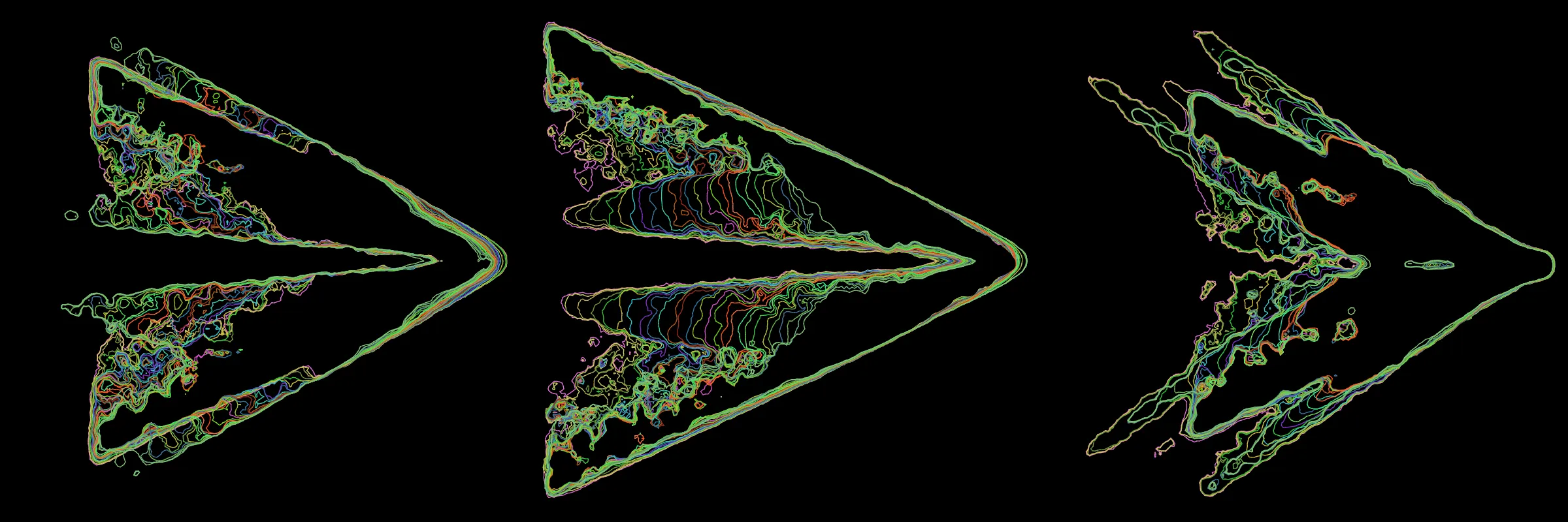 Primordial presents forms as diverse as those found in the natural world. The emergent system powering Primordial is capable of generating this diversity but is hard to control. After the initial generation there is a curation step; forms must meet certain criteria or the algorithm replaces them.

The forms produced by Primordial are presented in a triptych, as comparing multiple outputs is fundamental to understanding a generative algorithm. Primordial attempts to generate triptychs where the individual forms are related, and the results can be surprisingly harmonious or discordant.

Once the triptych is finalized, click on one of the forms to redraw a previous image. Press s to save the entire triptych, or 1-3 to save an individual image.