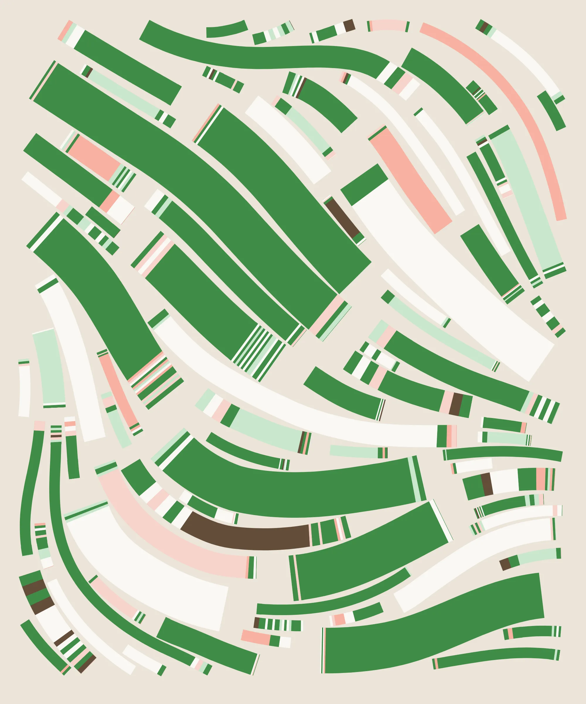 Fidenza is by far my most versatile algorithm to date. Although the program stays focused on structured curves and blocks, the varieties of scale, organization, texture, and color usage it can employ create a wide array of generative possibilities.