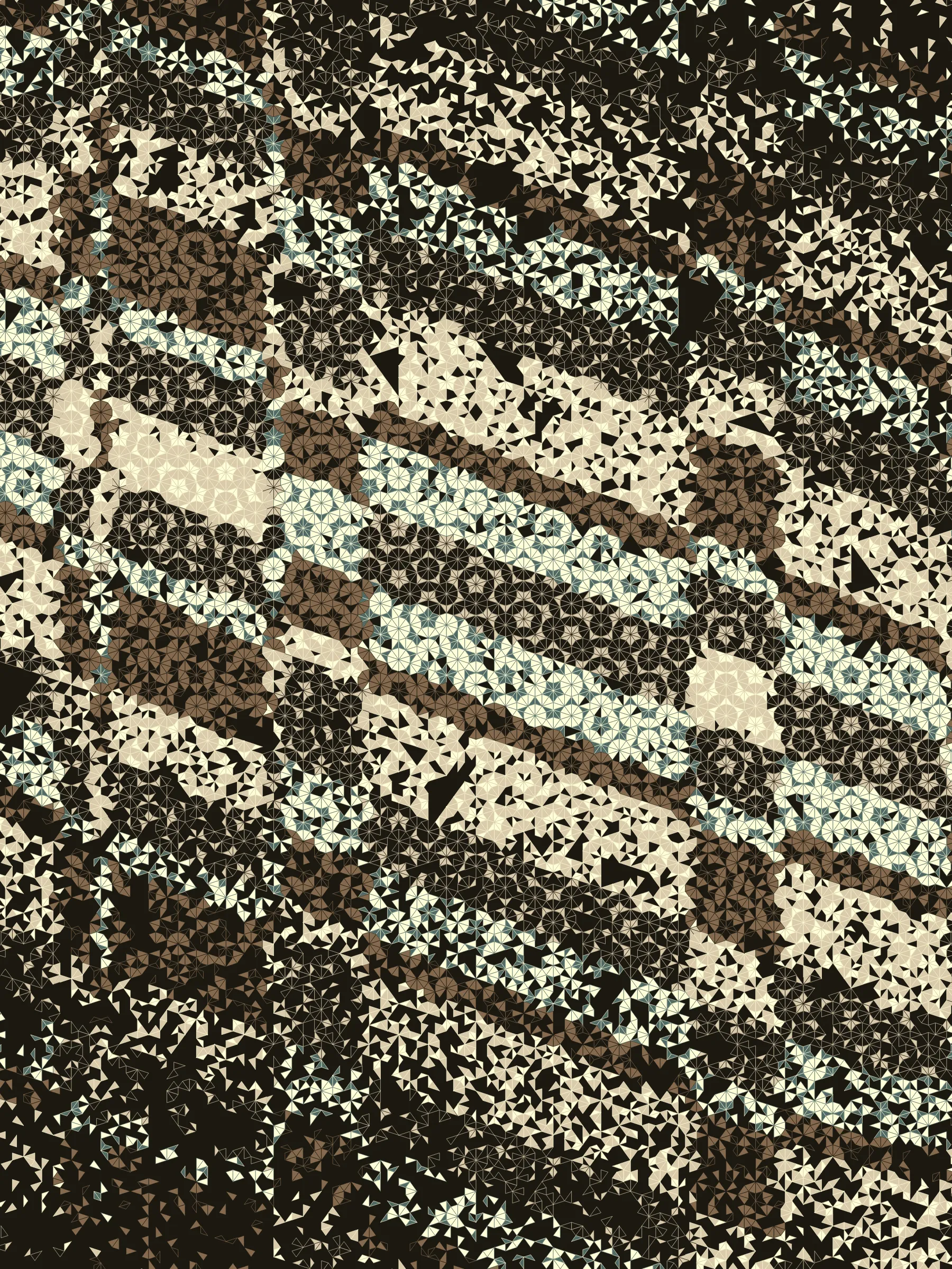 Ode to Penrose is a celebration of the natural beauty of aperiodic tilings, especially of the ones discovered by Sir Roger Penrose. These tilings lie at the intersection of complex mathematical problems and gorgeous visual aesthetics arising from finite amounts of simple objects.

This project introduces novel ways to use Penrose tiles. Unlike in traditional deterministic usage of these tiles, stochasticity plays a very important part of the script. Randomness can affect things like the total amount of the tiles used, their orientation, coloring, and size. Familiar patterns can be witnessed in some outputs and yet they are completely absent in others. Despite this, perhaps surprisingly, each output could be completed into a traditional Penrose tiling without erasing any lines.