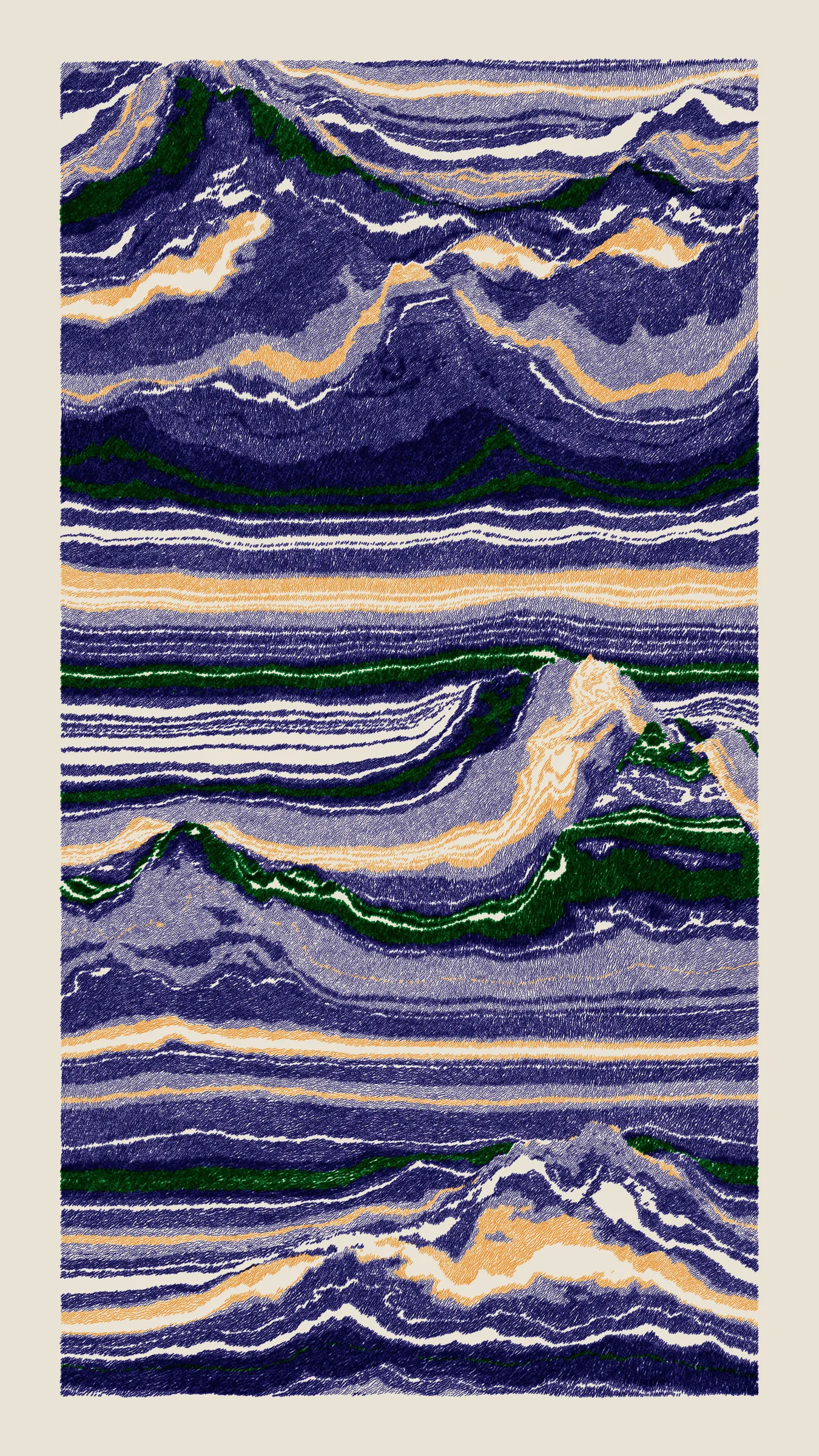 Stratified landforms constructed from many small strokes of colour. The hash of each token describes a coordinate within a multidimensional generative space, locating a unique composition that lies along one of many possible longitudes.