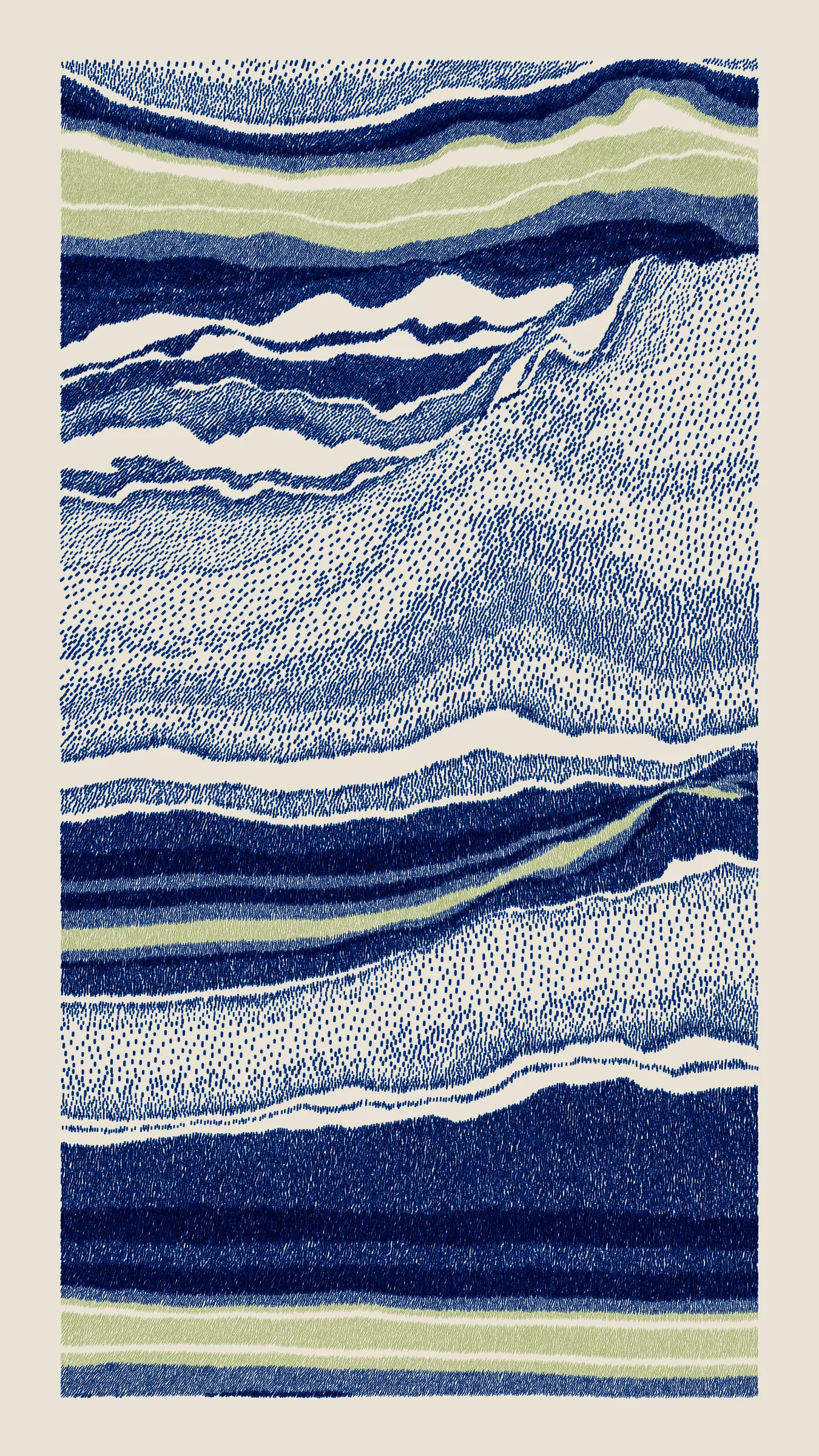 Stratified landforms constructed from many small strokes of colour. The hash of each token describes a coordinate within a multidimensional generative space, locating a unique composition that lies along one of many possible longitudes.