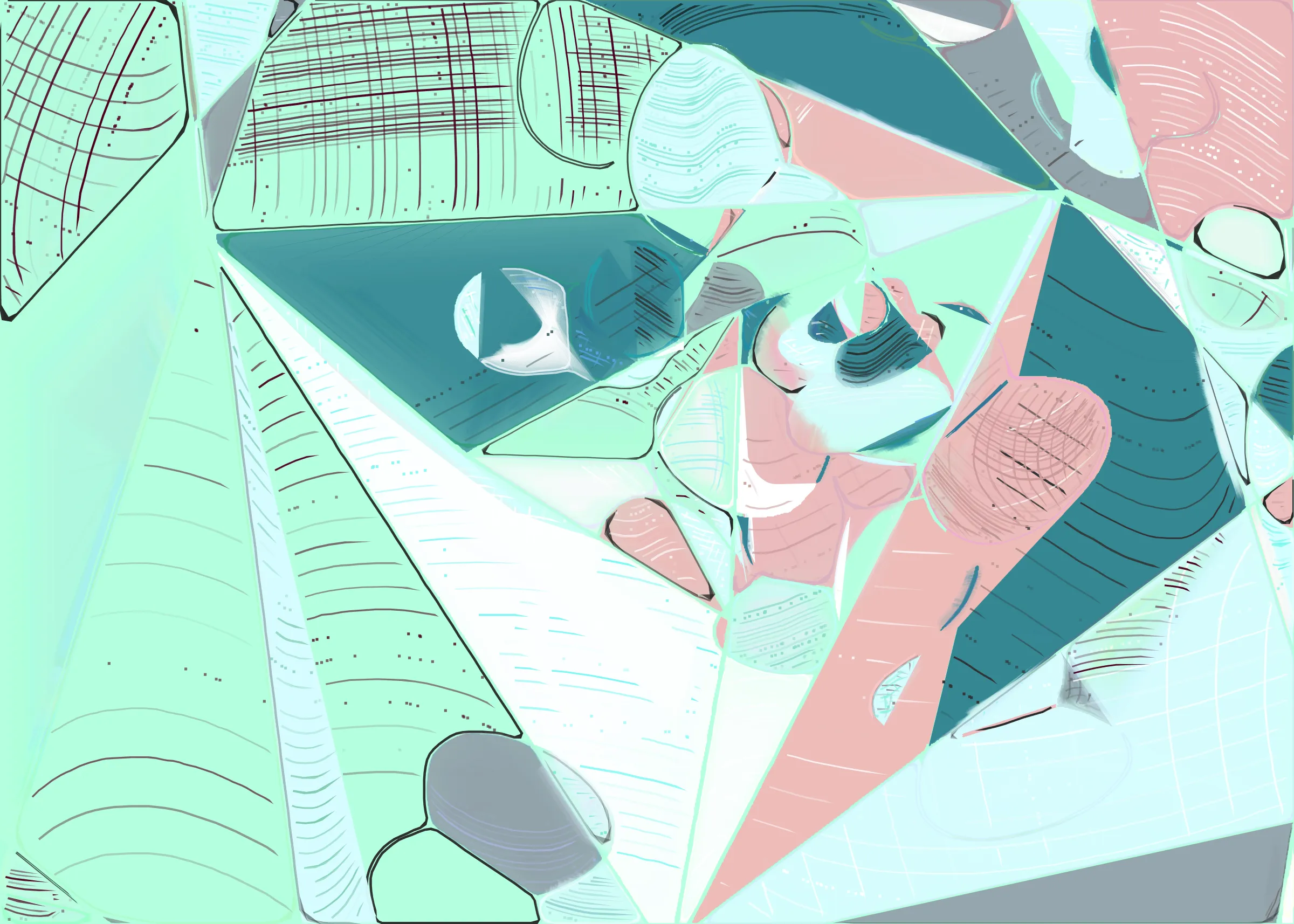 **Running Moon** depicts the nuanced interaction between clouds and moonlight. It is a search for boundaries between structure and fluidity, precision and errors. It is a quest for harmony. 

The rendering of **Running Moon** is inspired by stained glass and watercolor. It captures the sharpness of the glass and the softness of light using abstract forms. As organic shapes gradually expand to fill the space, brush-pen-like stripes solder these pieces together to form intricate compositions.