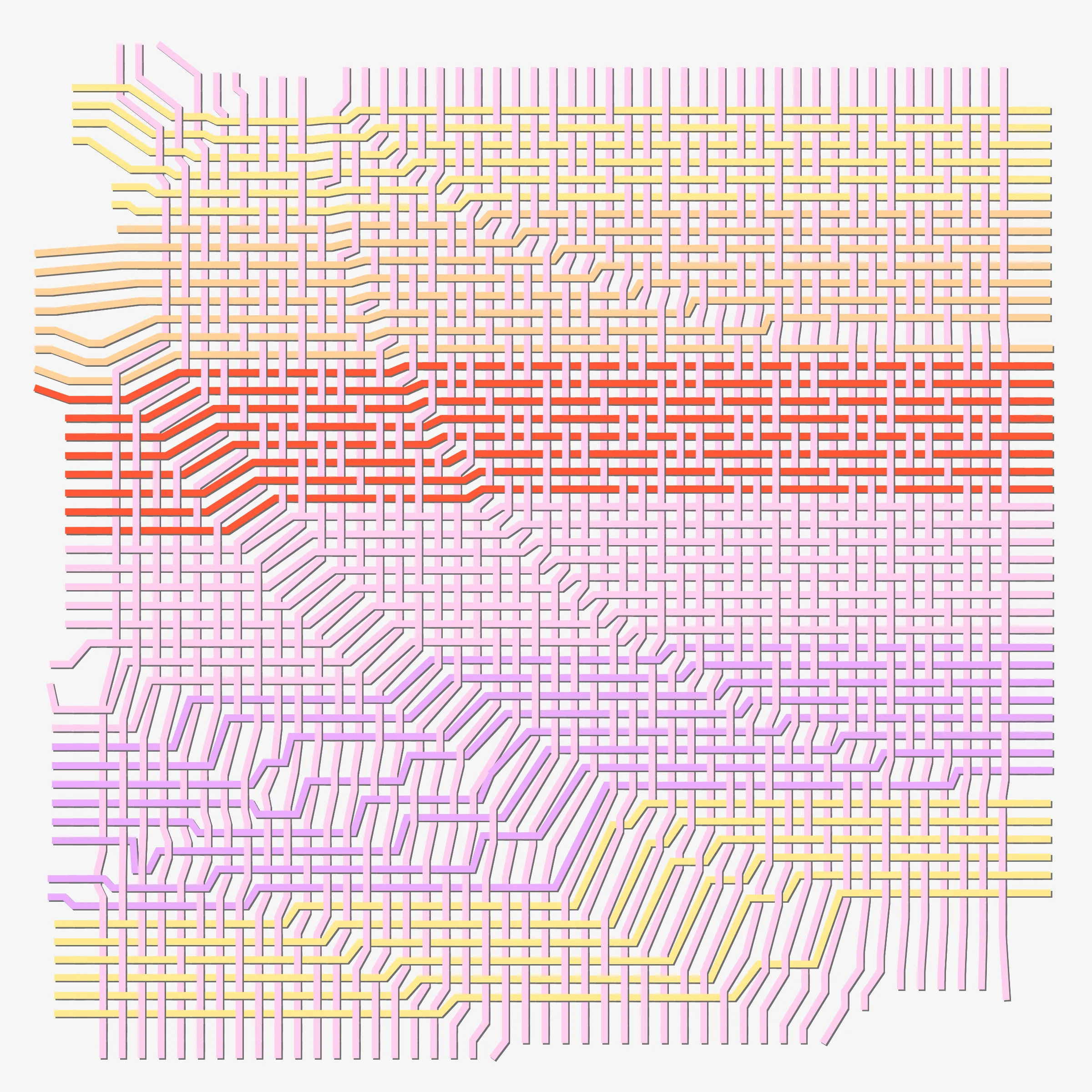 Horizontal and vertical threads weave together guided by a punching card generated at the moment of transaction. Often randomness distorts the orderly woven pattern. Thread colours are picked from a single colour palette. 10% of the sales from this drop will be donated to charity: water to bring clean and safe water to people in need.