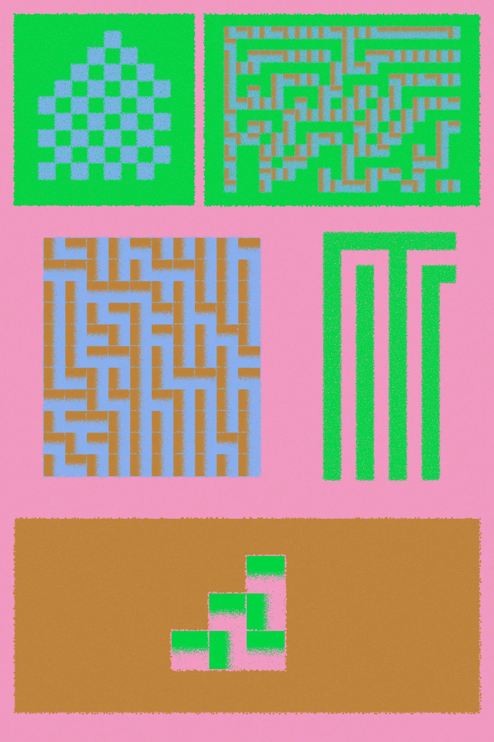 Fermented Fruit is a generative art series designed to live on the Ethereum blockchain and to be rendered in real-time by the browser. Just as food is transformed by microorganisms during the process of fermentation, the substrate of the HTML canvas is broken up into parts and transformed by cellular patterns. The project features the simulated lifeforms of cellular automata that evolve and shape-shift down an asymmetrical grid. The final artwork juxtaposes a number of textured cellular automata patterns against one another within a singular composition.