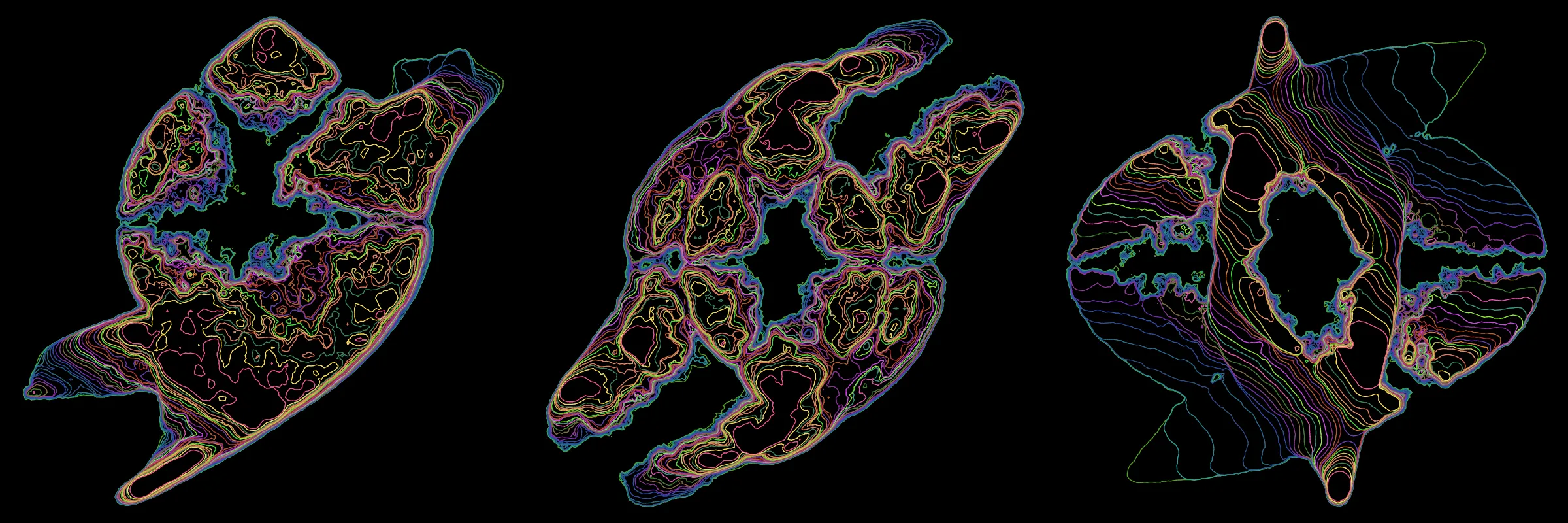 Primordial presents forms as diverse as those found in the natural world. The emergent system powering Primordial is capable of generating this diversity but is hard to control. After the initial generation there is a curation step; forms must meet certain criteria or the algorithm replaces them.

The forms produced by Primordial are presented in a triptych, as comparing multiple outputs is fundamental to understanding a generative algorithm. Primordial attempts to generate triptychs where the individual forms are related, and the results can be surprisingly harmonious or discordant.

Once the triptych is finalized, click on one of the forms to redraw a previous image. Press s to save the entire triptych, or 1-3 to save an individual image.