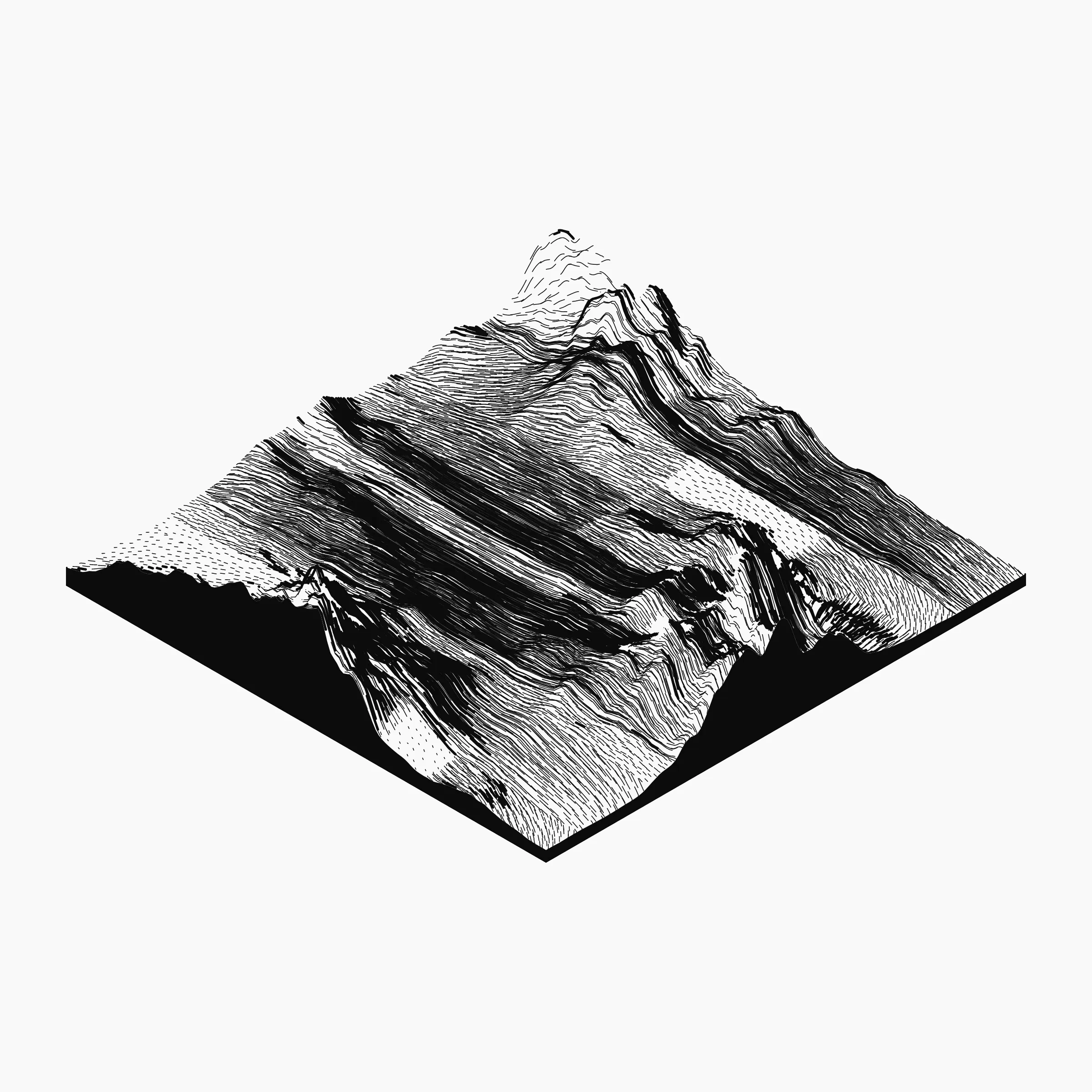 A generative algorithm that draws the impression of a landscape from a multitude of possibilities. The unique seed from each token drives the parametric assortment of lines, colors, and forms into a constructed composition.