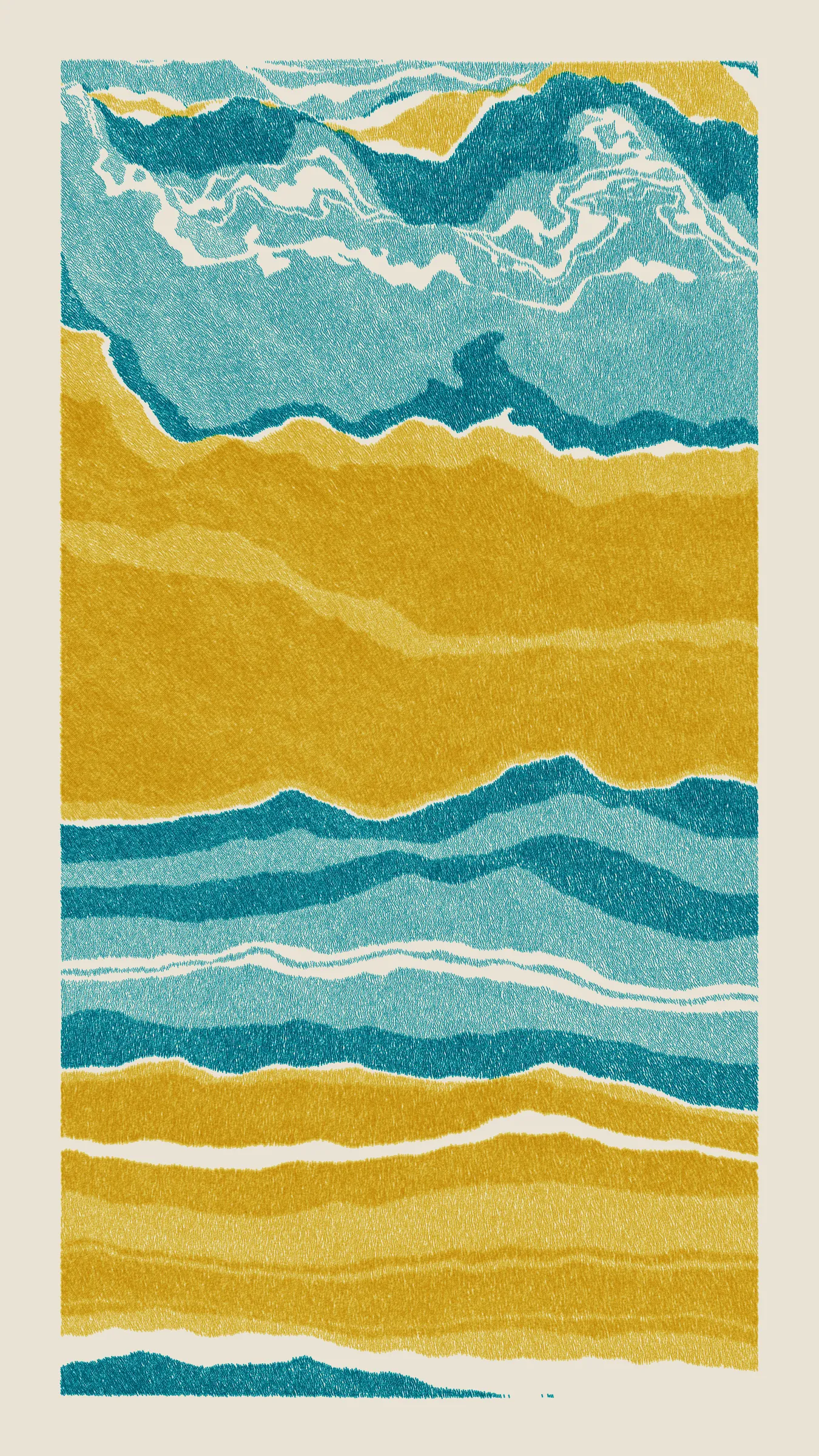Stratified landforms constructed from many small strokes of colour. The hash of each token describes a coordinate within a multidimensional generative space, locating a unique composition that lies along one of many possible longitudes.