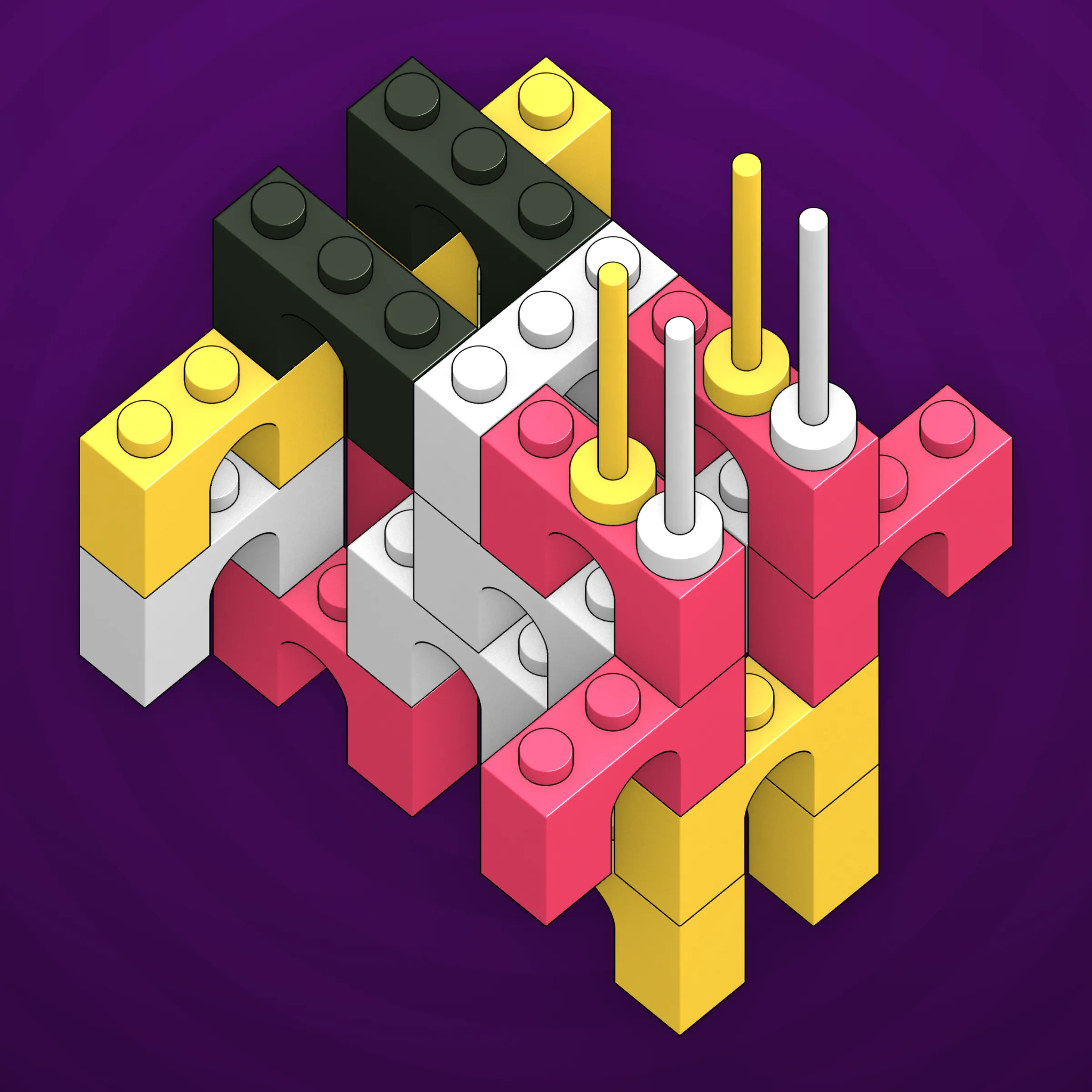 The project focuses on how easily one assigns meaning to seemingly random combinations of blocks, giving them personality and creating emotional connections.

I was inspired by Ringers, in which people see animals and other characters. I wanted to amplify this quality, and the idea of sculptures made of blocks clicked! Endless combinations, funny characters, and my passion for cubes, voxels, and modular systems.

To make the sculptures, I used technique of hybrid voxel raymarching, so we can say, the sculptures are made of colored void in a reflected space. Some of them may seem impossible due to the lack of perspective, but sooner or later it all clicks! It helps to keep in mind that all shapes are symmetrical.

The script uses modern features of GPU so it's supposed to work only on desktop: Chrome, Firefox or Safari