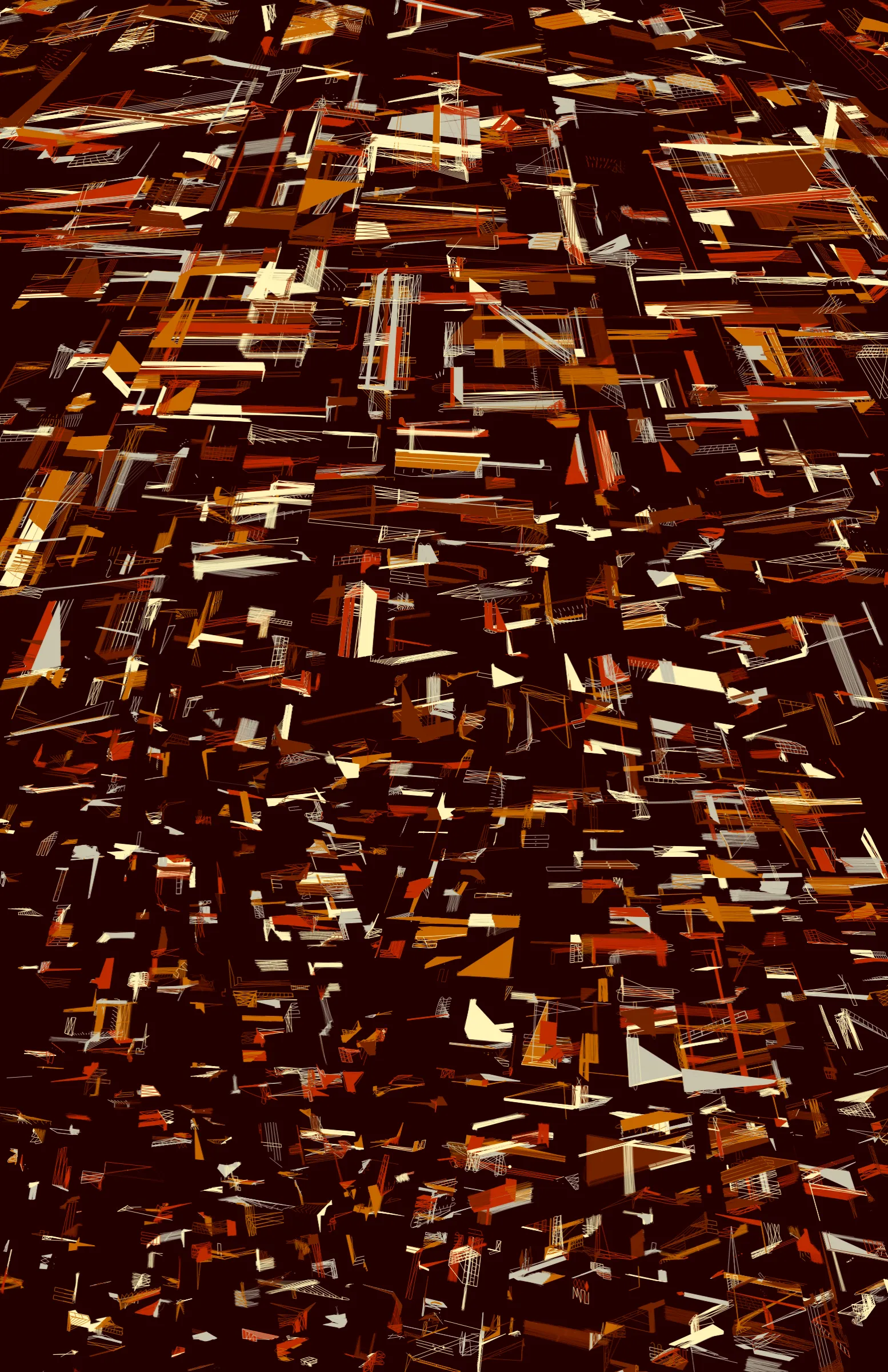 _100 PRINT_ is a nonfigurative, abstract generative drawing system based on the principles of visual perspective. Each edition is made up of carefully constructed lines and shapes that fit into a multidimensional world created on the fly, inviting the viewer to let their eyes wander and find pockets of what appear to be deliberately constructed objects in 3D space. _100 PRINT_ is an experimental project that draws inspiration from a wide variety of sources, including cubist and abstract expressionist artworks, printer test sheets, and Escher sketches. It represents a raw display of powerful drawing principles that have governed the construction of many artworks before it.