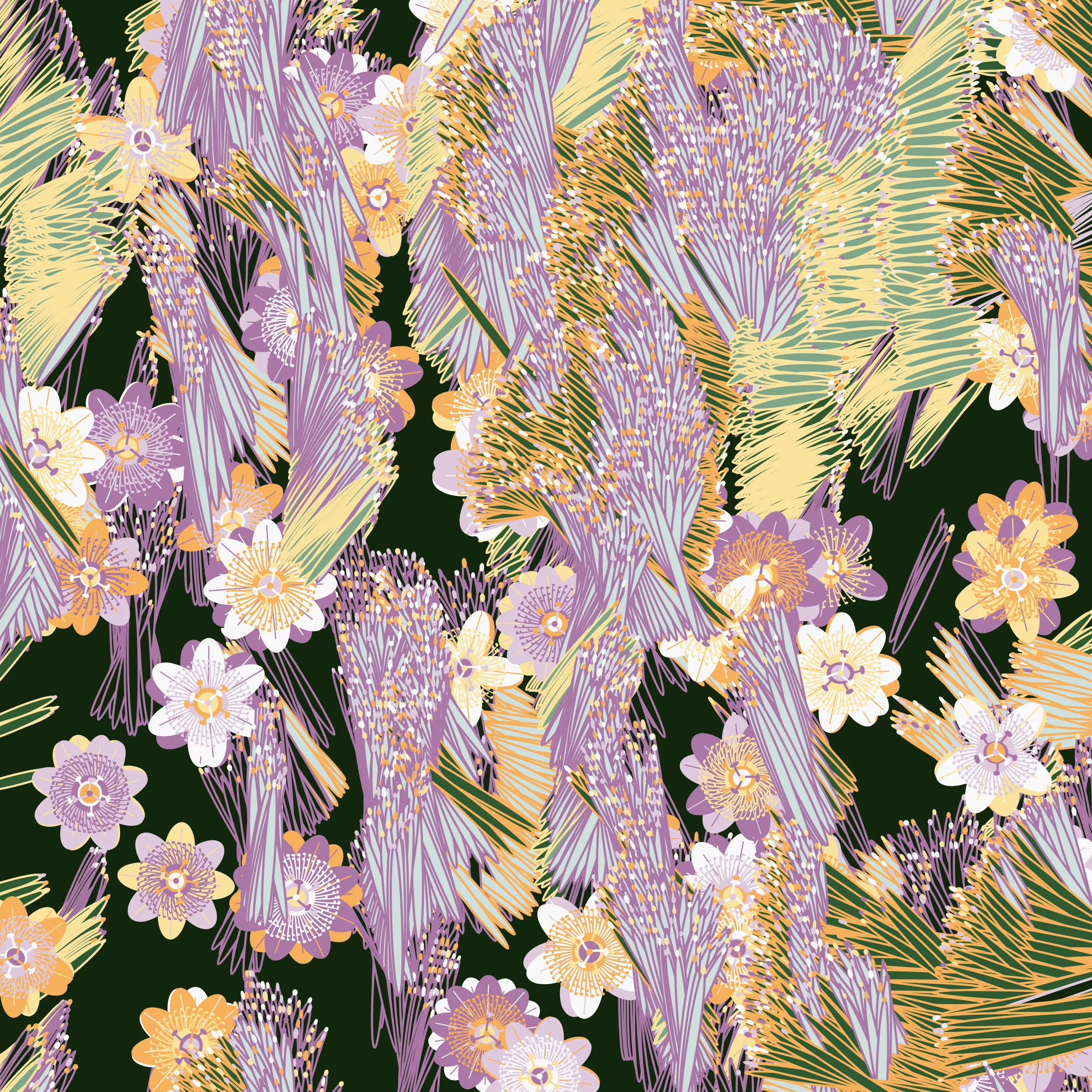 “Fragments of an infinite field” is a compositional system in which an idealized plant species is generated and arranged in a potentially infinite field of foliage. The main environmental parameter of the composition is the determination of a season of the year. The season determines the landscape’s colors and defines specific phenomena for each of them, such as rain in summer, snow in winter, petals falling in autumn, and pollen in spring. The flower has several possible variables, which can be macro aspects, affecting the entire population of the species, or micro, affecting each individual of the species differently. For example, the number of petals can be equal in all individuals or not. The number of filaments and other structures of the flower can undergo minor deviations, generating small mutations. The confusion between the figure (plant) and the background (earth, sky, other natural elements) is fascinating from a compositional point of view. The background colors are, most of the time, colors present in the figures, often breaking the boundary between them and, therefore, generating chromatic masses. In this project I also intend to research the following question: How to create parameters that resemble a living organism's growth? In this sense, the project approaches digital morphogenesis and the development of procedural organisms.