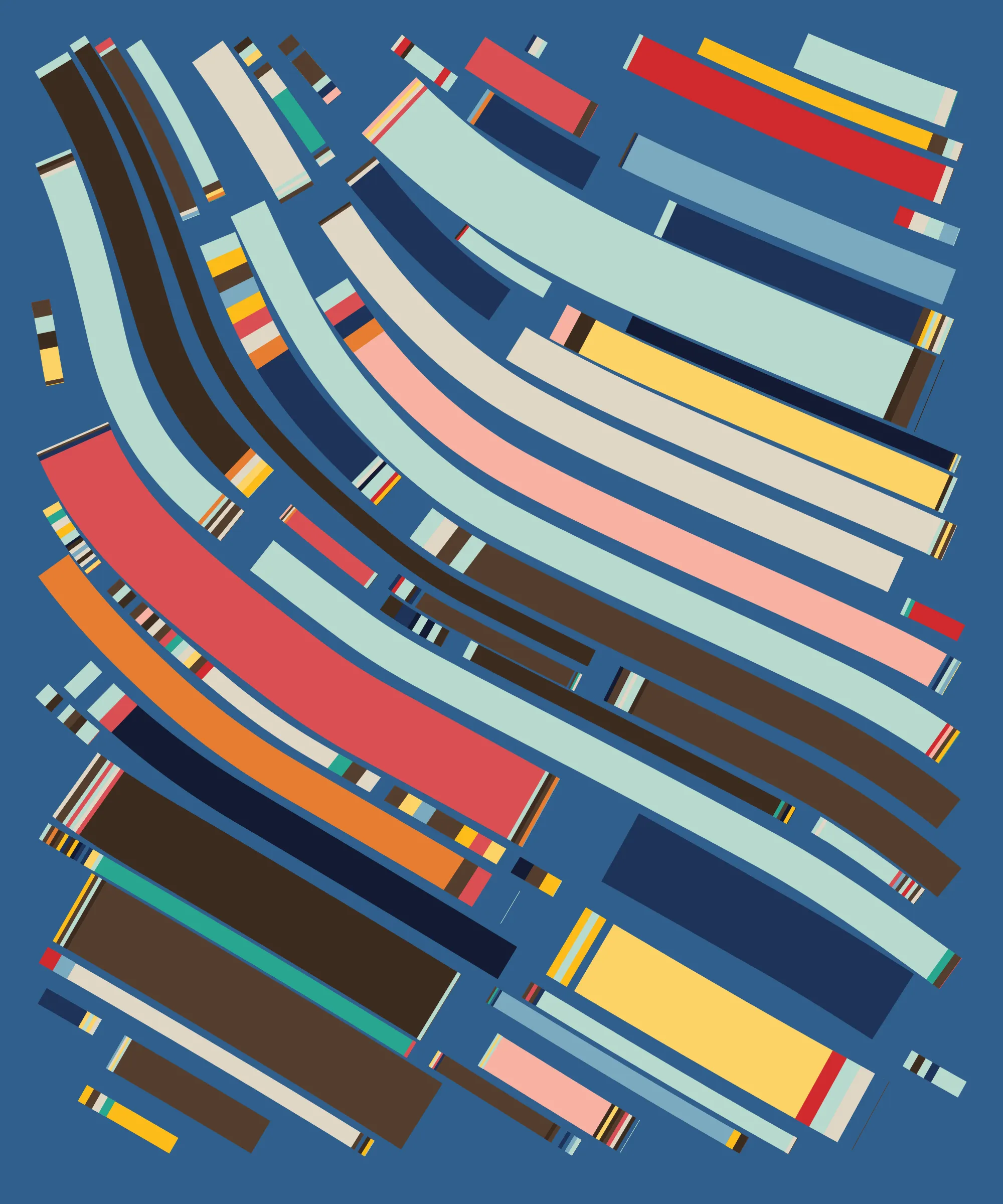Fidenza is by far my most versatile algorithm to date. Although the program stays focused on structured curves and blocks, the varieties of scale, organization, texture, and color usage it can employ create a wide array of generative possibilities.