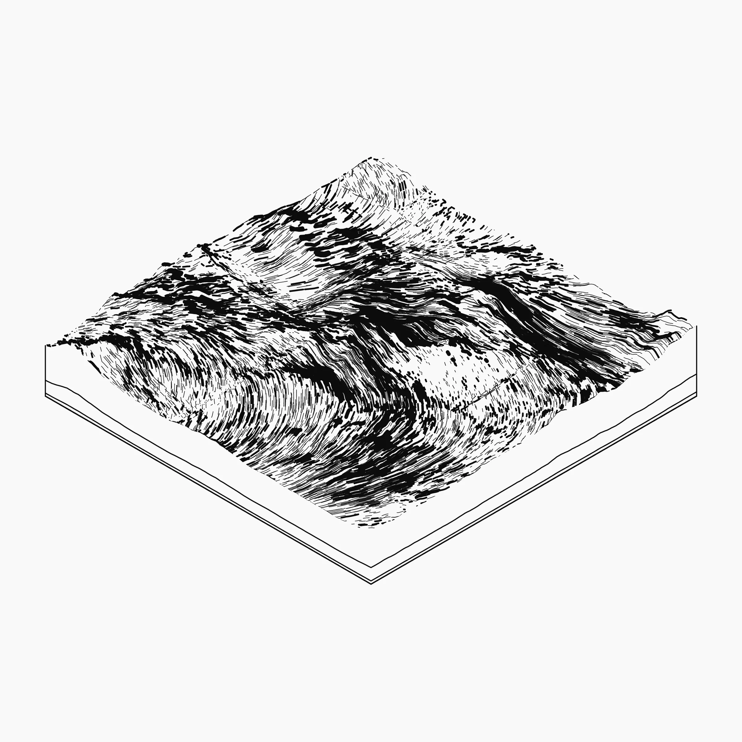 A generative algorithm that draws the impression of a landscape from a multitude of possibilities. The unique seed from each token drives the parametric assortment of lines, colors, and forms into a constructed composition.