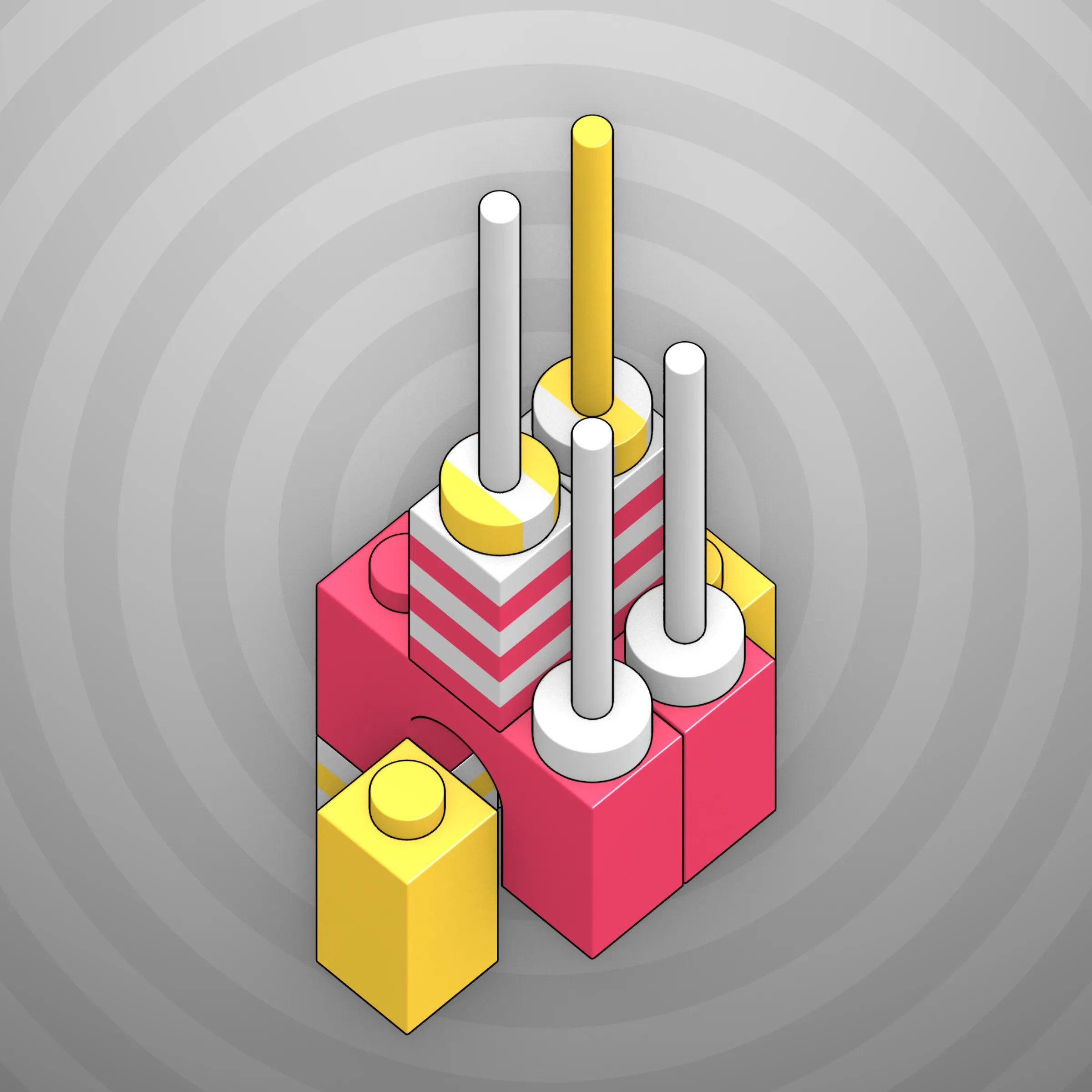 The project focuses on how easily one assigns meaning to seemingly random combinations of blocks, giving them personality and creating emotional connections.

I was inspired by Ringers, in which people see animals and other characters. I wanted to amplify this quality, and the idea of sculptures made of blocks clicked! Endless combinations, funny characters, and my passion for cubes, voxels, and modular systems.

To make the sculptures, I used technique of hybrid voxel raymarching, so we can say, the sculptures are made of colored void in a reflected space. Some of them may seem impossible due to the lack of perspective, but sooner or later it all clicks! It helps to keep in mind that all shapes are symmetrical.

The script uses modern features of GPU so it's supposed to work only on desktop: Chrome, Firefox or Safari