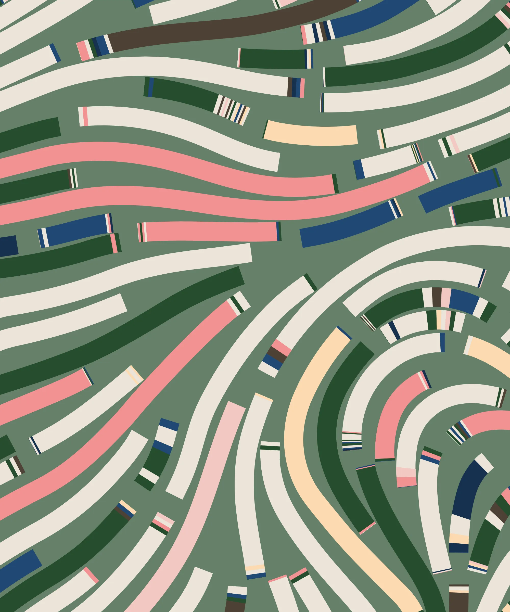 Fidenza is by far my most versatile algorithm to date. Although the program stays focused on structured curves and blocks, the varieties of scale, organization, texture, and color usage it can employ create a wide array of generative possibilities.