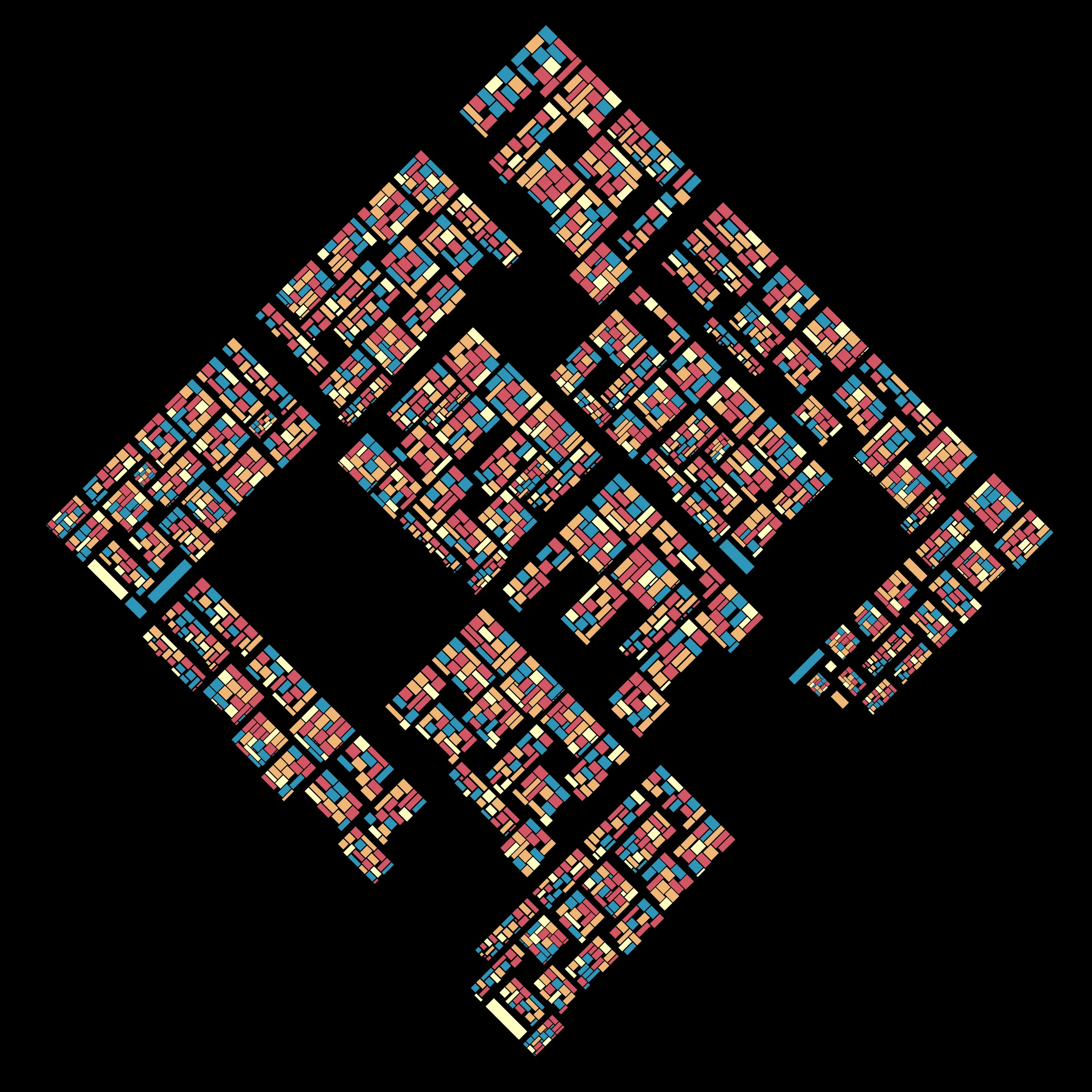 Recursion is a generative art project whose concept is recursion. Each variation starts with a block which is irregularly divided into smaller blocks, which are then divided into smaller blocks, which are then divided into smaller blocks, etc, based on a defined depth (to better visualize this concept, take a look at https://hevey.art/blog/recursion-concept). In this project, even the script is recursive! The script is able to generate a large number of variations and each of these variations is then able to generate its own variations (keeping the same properties) with a single click on the image.
