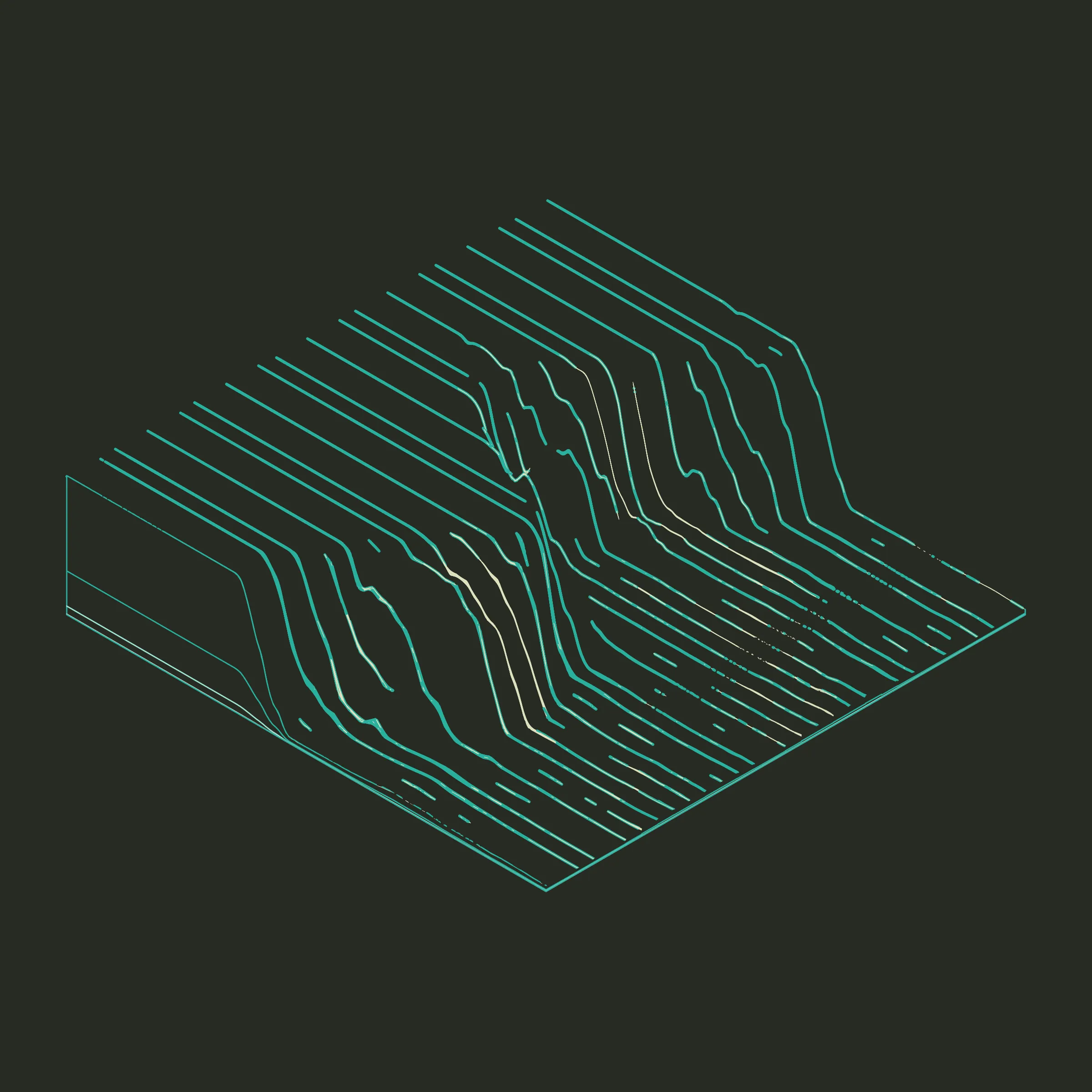 A generative algorithm that draws the impression of a landscape from a multitude of possibilities. The unique seed from each token drives the parametric assortment of lines, colors, and forms into a constructed composition.
