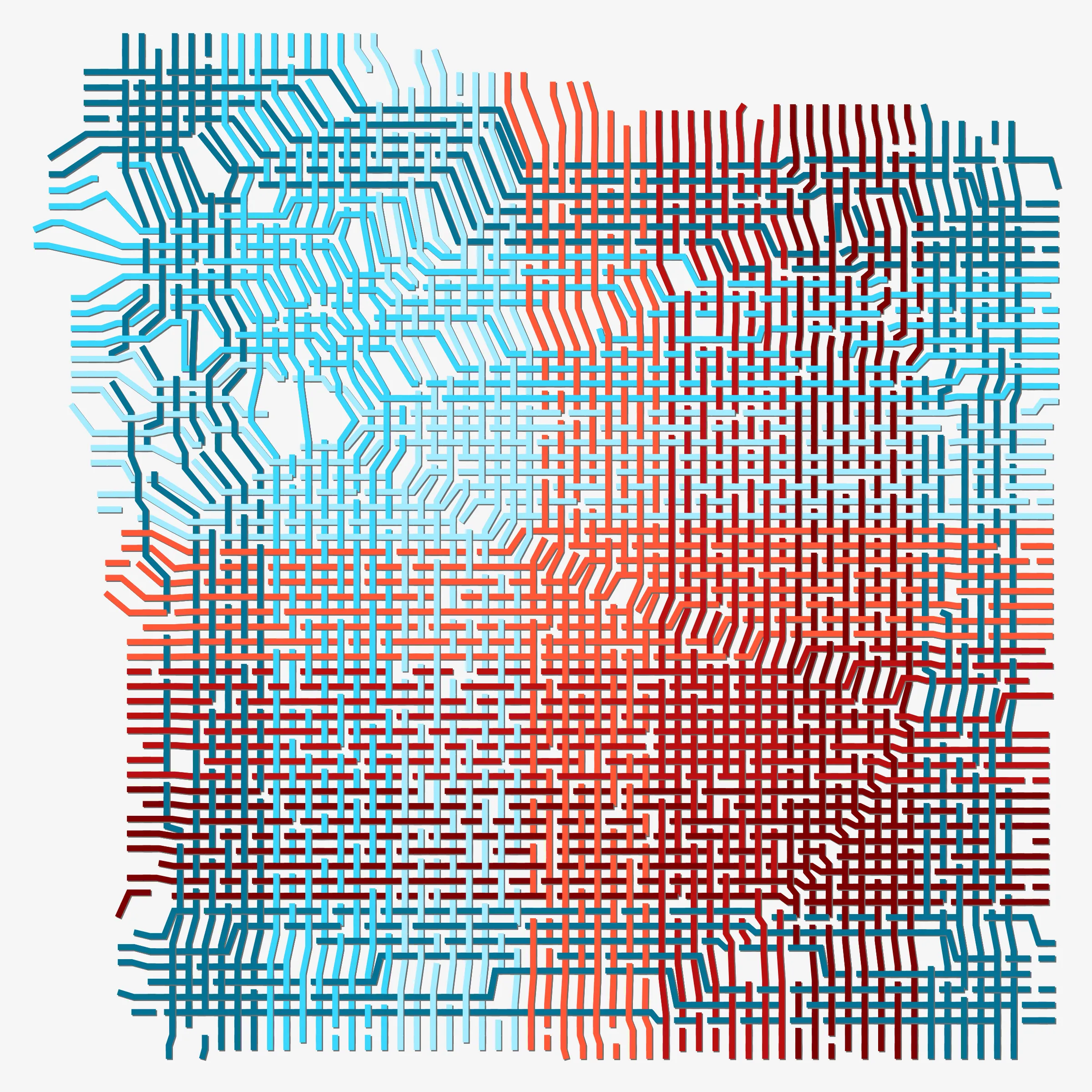 Horizontal and vertical threads weave together guided by a punching card generated at the moment of transaction. Often randomness distorts the orderly woven pattern. Thread colours are picked from a single colour palette. 10% of the sales from this drop will be donated to charity: water to bring clean and safe water to people in need.
