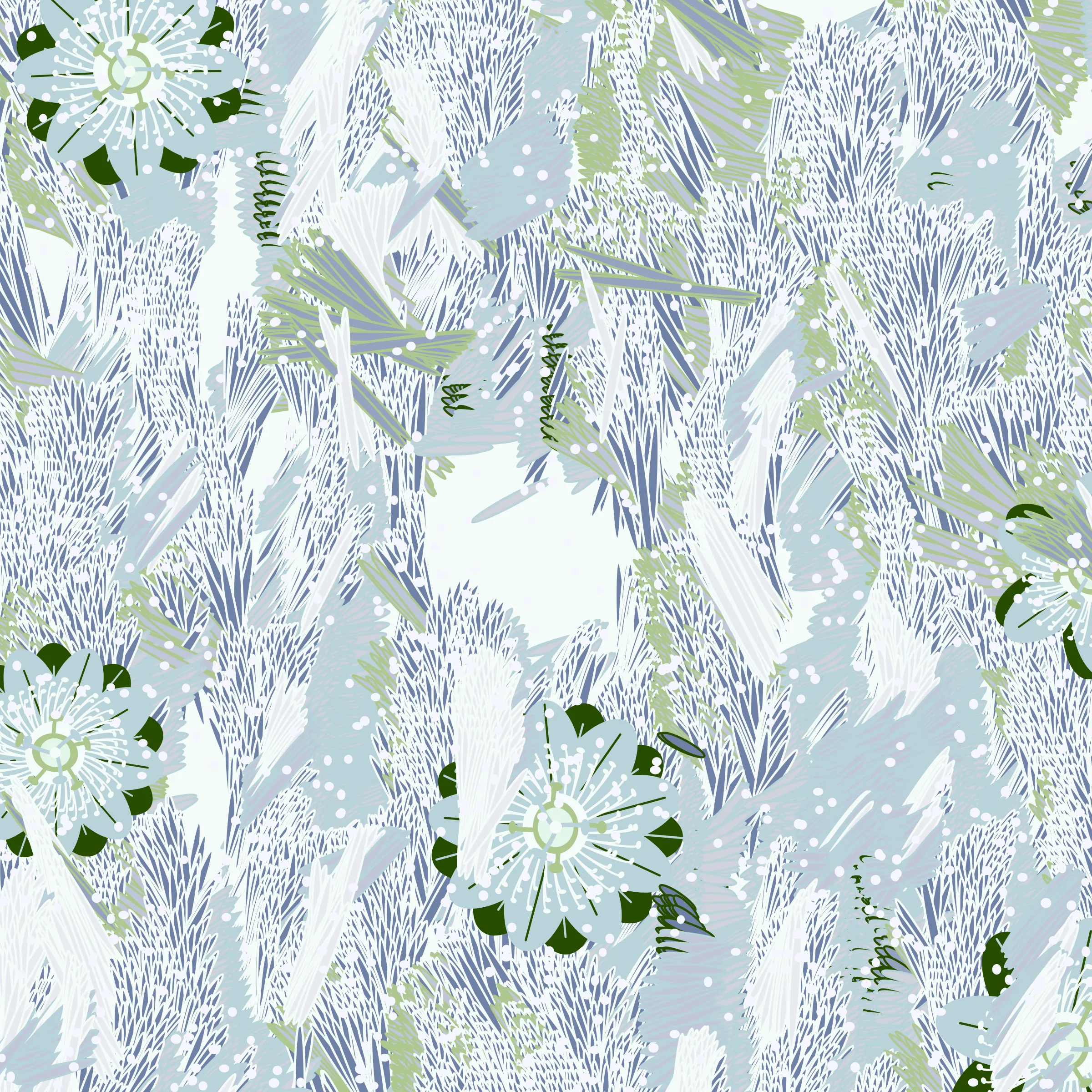 “Fragments of an infinite field” is a compositional system in which an idealized plant species is generated and arranged in a potentially infinite field of foliage. The main environmental parameter of the composition is the determination of a season of the year. The season determines the landscape’s colors and defines specific phenomena for each of them, such as rain in summer, snow in winter, petals falling in autumn, and pollen in spring. The flower has several possible variables, which can be macro aspects, affecting the entire population of the species, or micro, affecting each individual of the species differently. For example, the number of petals can be equal in all individuals or not. The number of filaments and other structures of the flower can undergo minor deviations, generating small mutations. The confusion between the figure (plant) and the background (earth, sky, other natural elements) is fascinating from a compositional point of view. The background colors are, most of the time, colors present in the figures, often breaking the boundary between them and, therefore, generating chromatic masses. In this project I also intend to research the following question: How to create parameters that resemble a living organism's growth? In this sense, the project approaches digital morphogenesis and the development of procedural organisms.