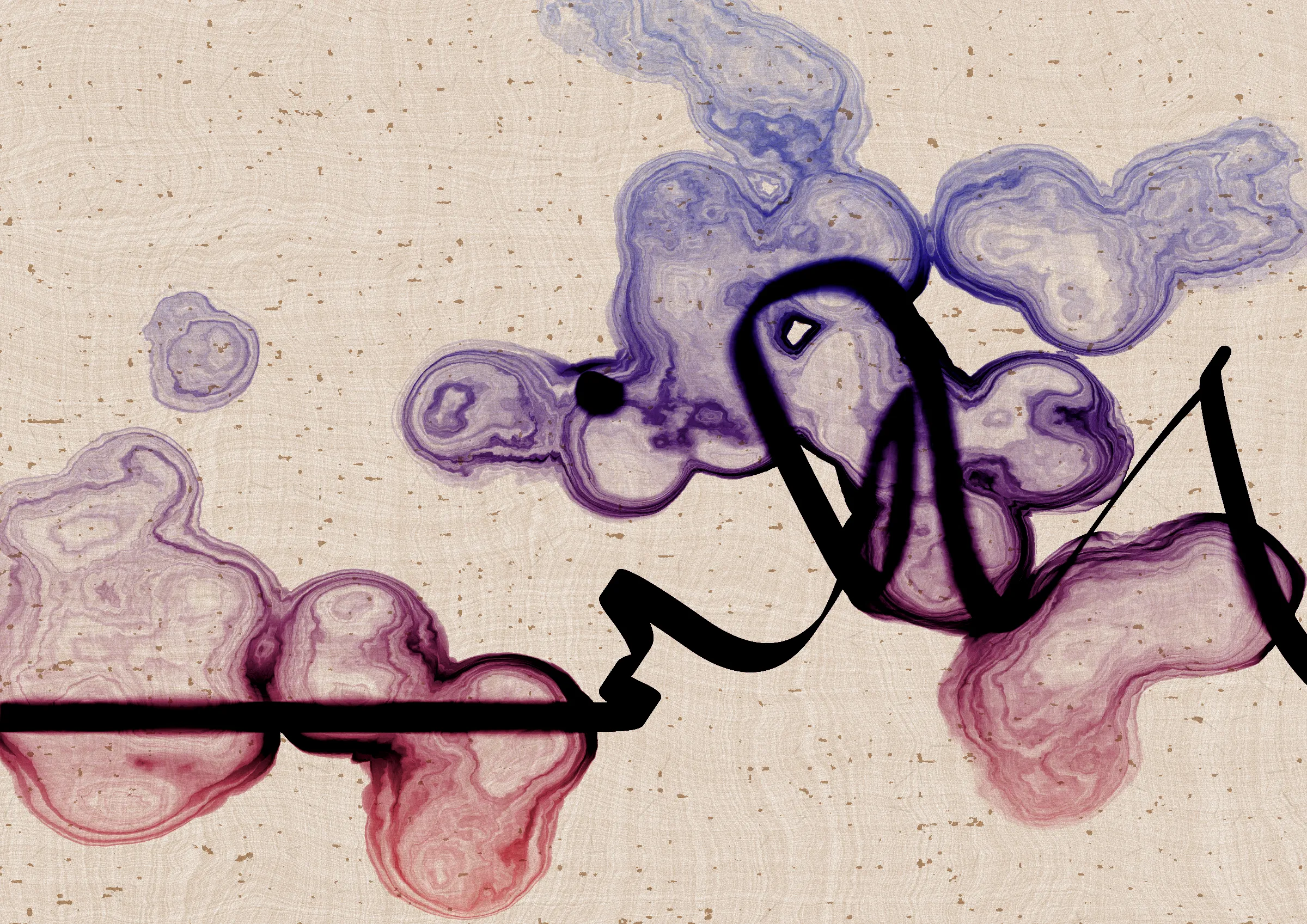 Sudfah (Arabic for "happy accident") is a generative collection celebrating the beauty that can emerge from chaos, mistakes, and accidents.

A single calligraphic line intends to tell one story (sometimes wandering and confused in its own right, but always meandering from one side to the other).

Digital liquid is spilled upon it and takes the ink in directions that are unexpected, uncontrolled, and tell a much more interesting story than the one the line intended.... and often more beautiful.