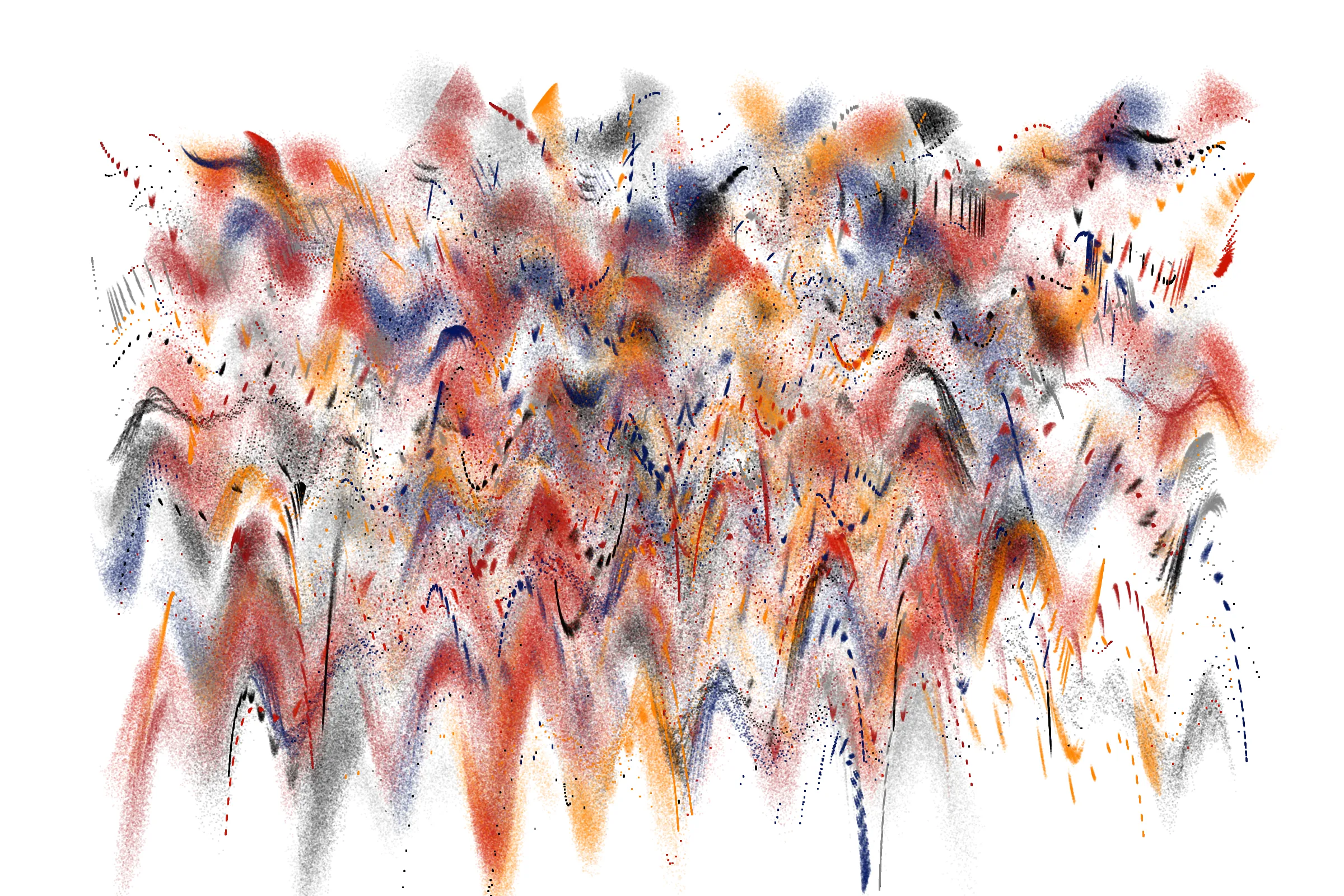 "Attraction" is a system that draws single pixels, one by one, according to a set of rules inspired by the 'Chaos Game'.
Additionally, trigonometric functions may be used to displace pixels, resulting in wave patterns.

All unique properties of each artwork are defined by the token's hash. This hash will set all the parameters: the color palette, the positioning of objects and the rules by which pixels are drawn.

By the nature of this system, several well known patterns from computing and math may appear in the artworks.
