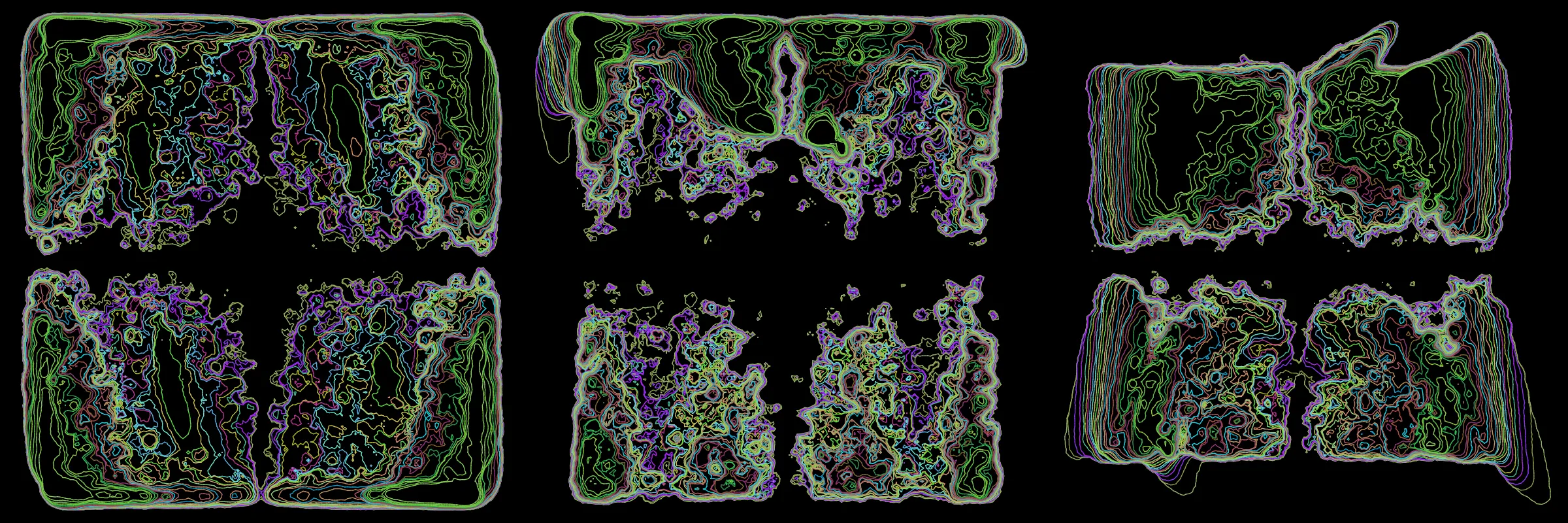 Primordial presents forms as diverse as those found in the natural world. The emergent system powering Primordial is capable of generating this diversity but is hard to control. After the initial generation there is a curation step; forms must meet certain criteria or the algorithm replaces them.

The forms produced by Primordial are presented in a triptych, as comparing multiple outputs is fundamental to understanding a generative algorithm. Primordial attempts to generate triptychs where the individual forms are related, and the results can be surprisingly harmonious or discordant.

Once the triptych is finalized, click on one of the forms to redraw a previous image. Press s to save the entire triptych, or 1-3 to save an individual image.