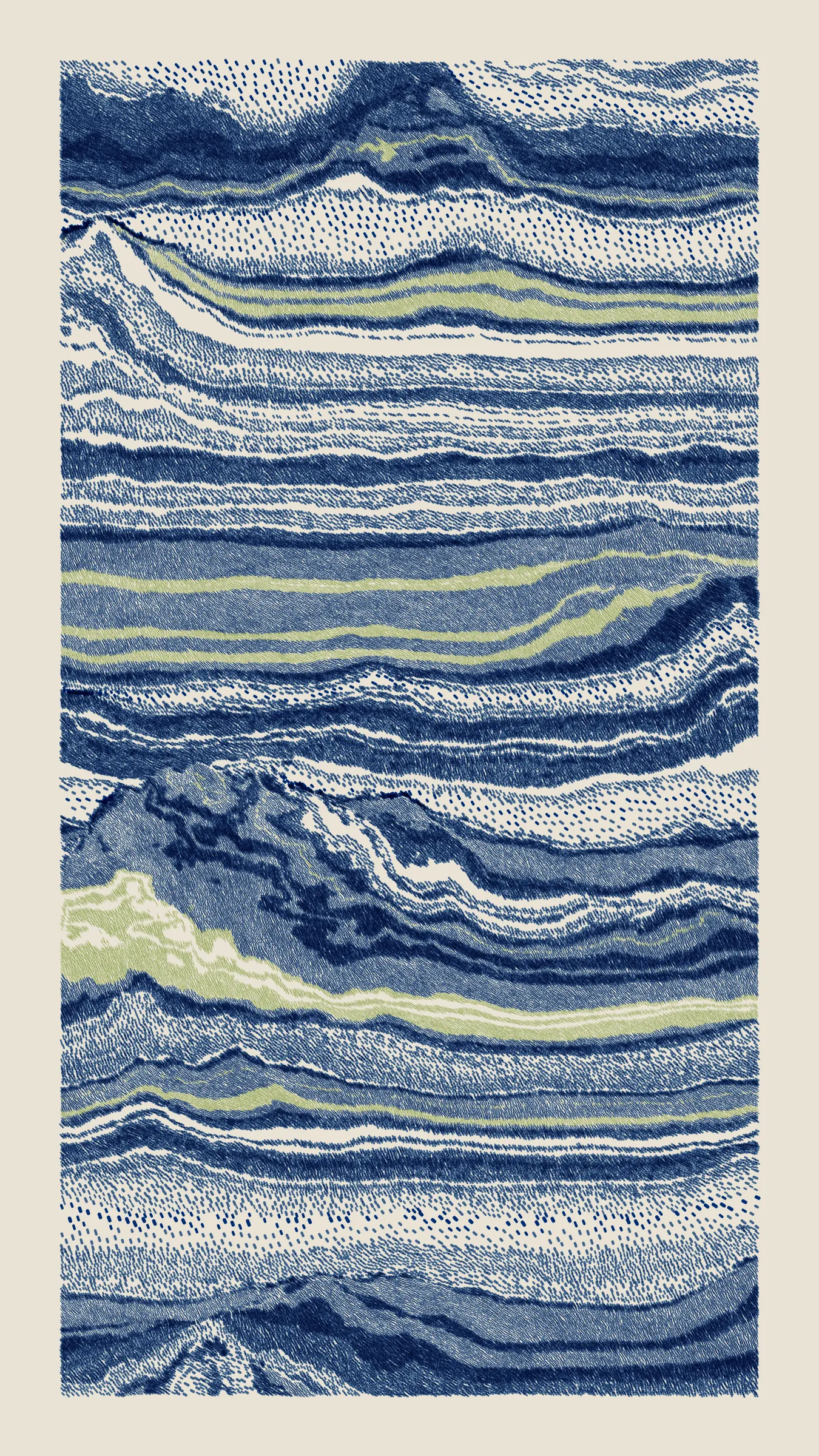 Stratified landforms constructed from many small strokes of colour. The hash of each token describes a coordinate within a multidimensional generative space, locating a unique composition that lies along one of many possible longitudes.