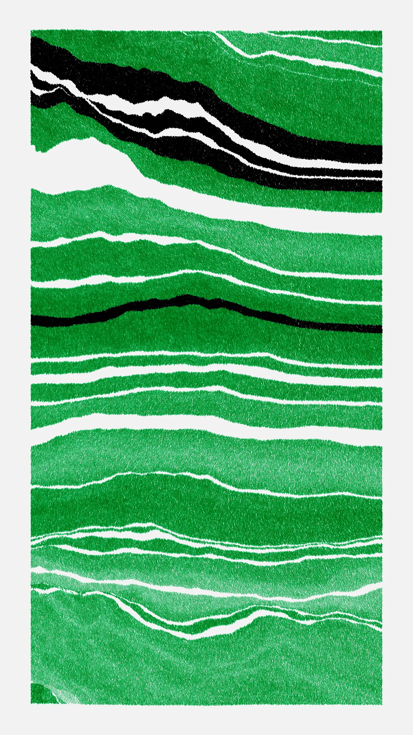 Stratified landforms constructed from many small strokes of colour. The hash of each token describes a coordinate within a multidimensional generative space, locating a unique composition that lies along one of many possible longitudes.