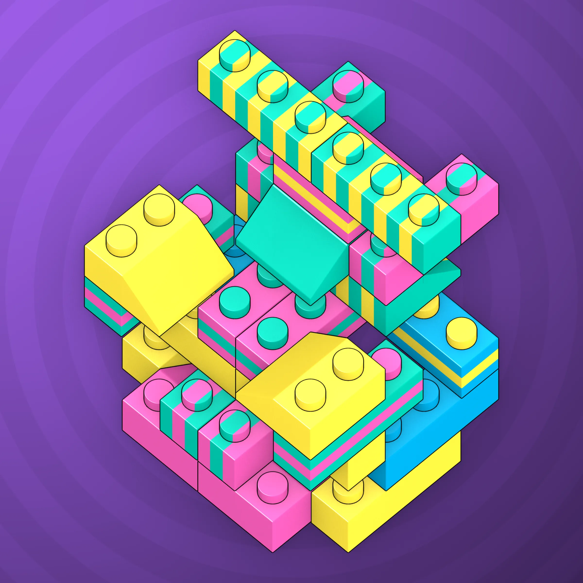 The project focuses on how easily one assigns meaning to seemingly random combinations of blocks, giving them personality and creating emotional connections.

I was inspired by Ringers, in which people see animals and other characters. I wanted to amplify this quality, and the idea of sculptures made of blocks clicked! Endless combinations, funny characters, and my passion for cubes, voxels, and modular systems.

To make the sculptures, I used technique of hybrid voxel raymarching, so we can say, the sculptures are made of colored void in a reflected space. Some of them may seem impossible due to the lack of perspective, but sooner or later it all clicks! It helps to keep in mind that all shapes are symmetrical.

The script uses modern features of GPU so it's supposed to work only on desktop: Chrome, Firefox or Safari