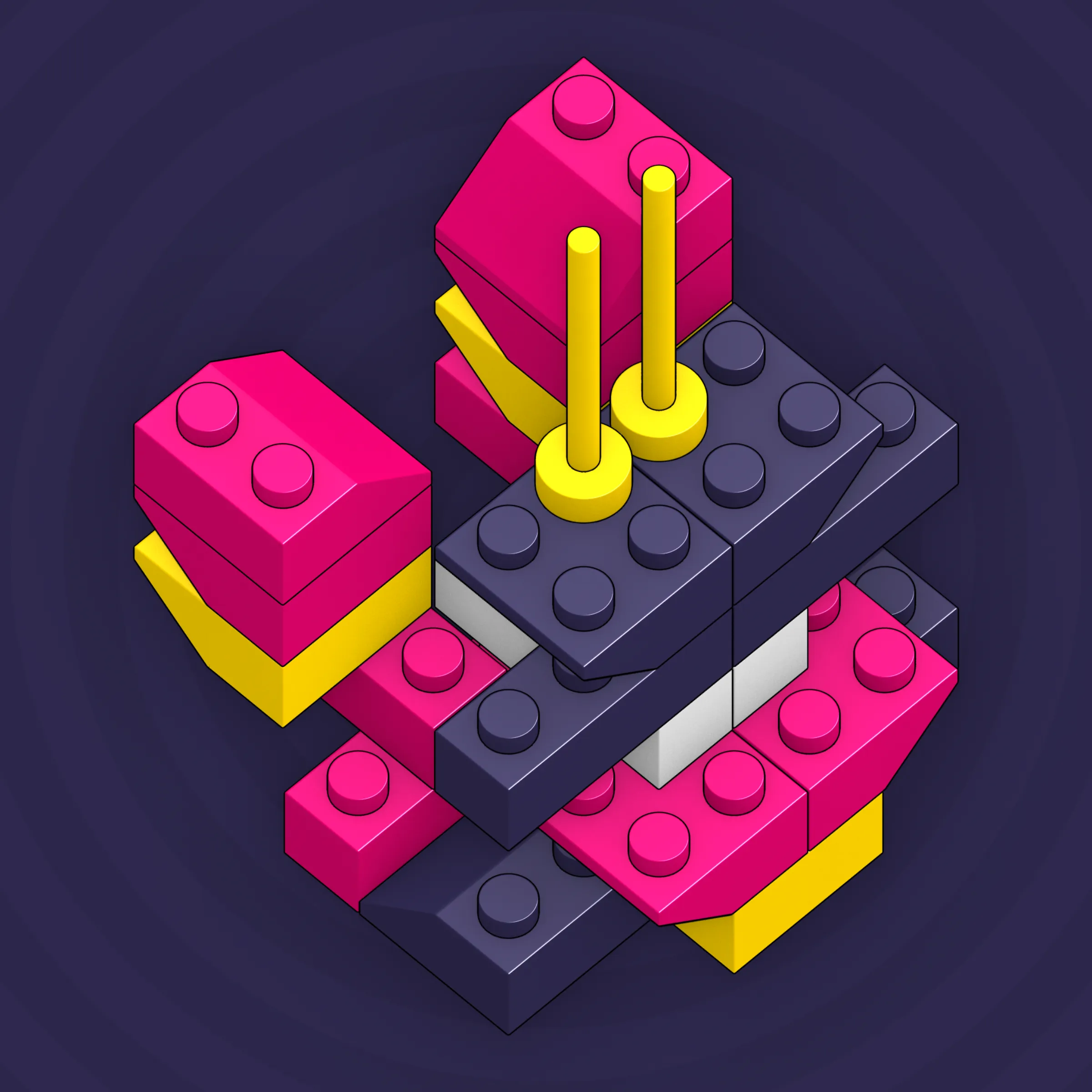 The project focuses on how easily one assigns meaning to seemingly random combinations of blocks, giving them personality and creating emotional connections.

I was inspired by Ringers, in which people see animals and other characters. I wanted to amplify this quality, and the idea of sculptures made of blocks clicked! Endless combinations, funny characters, and my passion for cubes, voxels, and modular systems.

To make the sculptures, I used technique of hybrid voxel raymarching, so we can say, the sculptures are made of colored void in a reflected space. Some of them may seem impossible due to the lack of perspective, but sooner or later it all clicks! It helps to keep in mind that all shapes are symmetrical.

The script uses modern features of GPU so it's supposed to work only on desktop: Chrome, Firefox or Safari