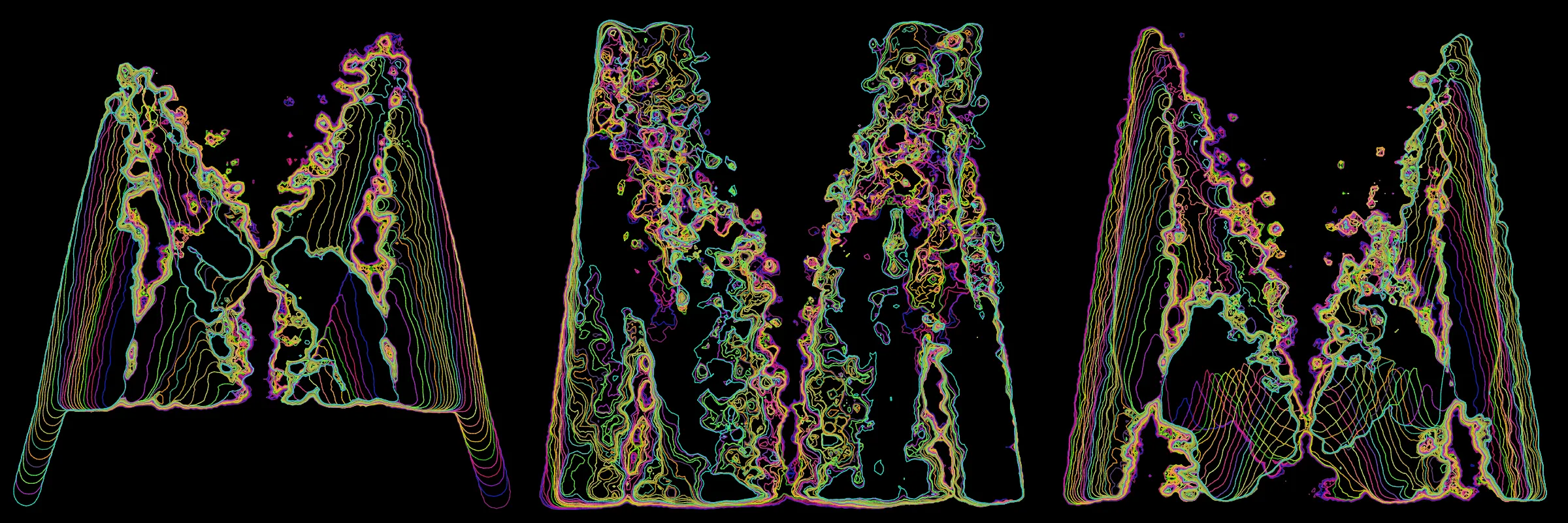 Primordial presents forms as diverse as those found in the natural world. The emergent system powering Primordial is capable of generating this diversity but is hard to control. After the initial generation there is a curation step; forms must meet certain criteria or the algorithm replaces them.

The forms produced by Primordial are presented in a triptych, as comparing multiple outputs is fundamental to understanding a generative algorithm. Primordial attempts to generate triptychs where the individual forms are related, and the results can be surprisingly harmonious or discordant.

Once the triptych is finalized, click on one of the forms to redraw a previous image. Press s to save the entire triptych, or 1-3 to save an individual image.