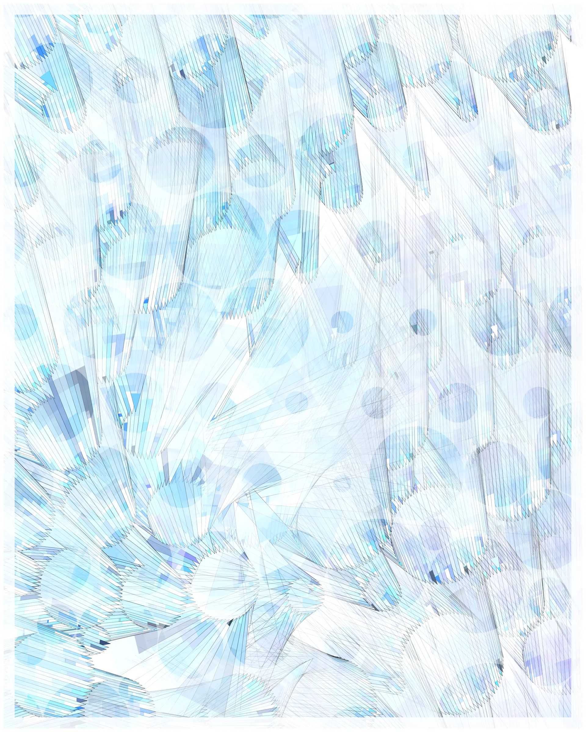 _There are no artifacts. There are only interpretations._

Glass is about the illusion of simplicity that cocoons us in our everyday existence. A glance at Glass may suggest a foam of bubbles or pebbles under clear water. But on inspection, these simple pictures dissolve. Instead of disks one finds stacked panes of translucent glass, intersecting and overlapping. There is dissonance between fine-scale chaos and the harmony of the aggregate. In Glass, two levels of reality -- panes of glass and the foam of bubbles -- are brought close together in scale, so that our oversimplified impression yields a palpable disquiet.

What appears simple is often anything but. Consider a standard wooden desk. To our eyes, it looks solid and continuous, but we know that it is made of atoms, tiny electrons orbiting nuclei. And these subatomic particles are themselves not like miniature solar systems, but creatures of quantum mechanics, stranger than we can imagine. The vast difference in scale between the atomic and the macroscopic hides this complex reality, but fundamentally it is the same phenomenon shown here.

Glass continues my exploration of emergence. While in previous work I explored how simple systems can create complex, emergent forms, here the interest is in the converse: how coherence is often deceptive, masking a complex underlying reality.

Glass draws on the aesthetic of Shin Hanga artists Hiroshi Yoshida and Kawase Hasui, and abstract expressionist Sonja Sekula. In live view, Glass has ambient motion: the shadows evolve, imperceptibly slowly.

The following variations & controls are possible. You may need to click on the canvas before they are active. For a high-resolution output, use the pixel density controls. For example, on a standard laptop, an image saved at pixel density 5 will be approximately 3200 x 4000 pixels, and therefore suitable for printing at ~ 11" x 13" at 300 dpi.

Variations (require redrawing):

f -- fit-to-screen on/off
o -- outline on/off

Controls:

s   -- save as png
spacebar  -- pause/unpause ( useful to reduce CPU load in Live mode )
b -- border on/off ( useful for printing )
1-9  -- set pixel density (default=2 on retina displays)
+/-  -- increase/decrease pixel density