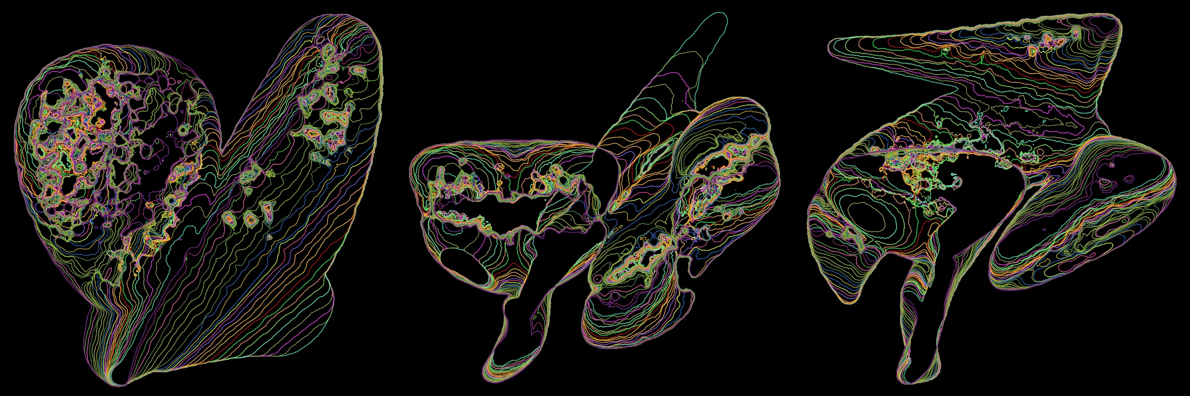 Primordial presents forms as diverse as those found in the natural world. The emergent system powering Primordial is capable of generating this diversity but is hard to control. After the initial generation there is a curation step; forms must meet certain criteria or the algorithm replaces them.

The forms produced by Primordial are presented in a triptych, as comparing multiple outputs is fundamental to understanding a generative algorithm. Primordial attempts to generate triptychs where the individual forms are related, and the results can be surprisingly harmonious or discordant.

Once the triptych is finalized, click on one of the forms to redraw a previous image. Press s to save the entire triptych, or 1-3 to save an individual image.