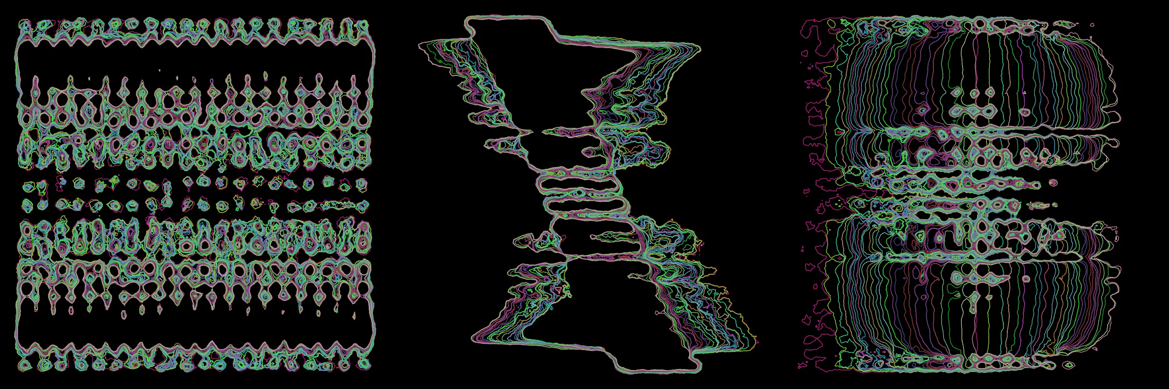 Primordial presents forms as diverse as those found in the natural world. The emergent system powering Primordial is capable of generating this diversity but is hard to control. After the initial generation there is a curation step; forms must meet certain criteria or the algorithm replaces them.

The forms produced by Primordial are presented in a triptych, as comparing multiple outputs is fundamental to understanding a generative algorithm. Primordial attempts to generate triptychs where the individual forms are related, and the results can be surprisingly harmonious or discordant.

Once the triptych is finalized, click on one of the forms to redraw a previous image. Press s to save the entire triptych, or 1-3 to save an individual image.