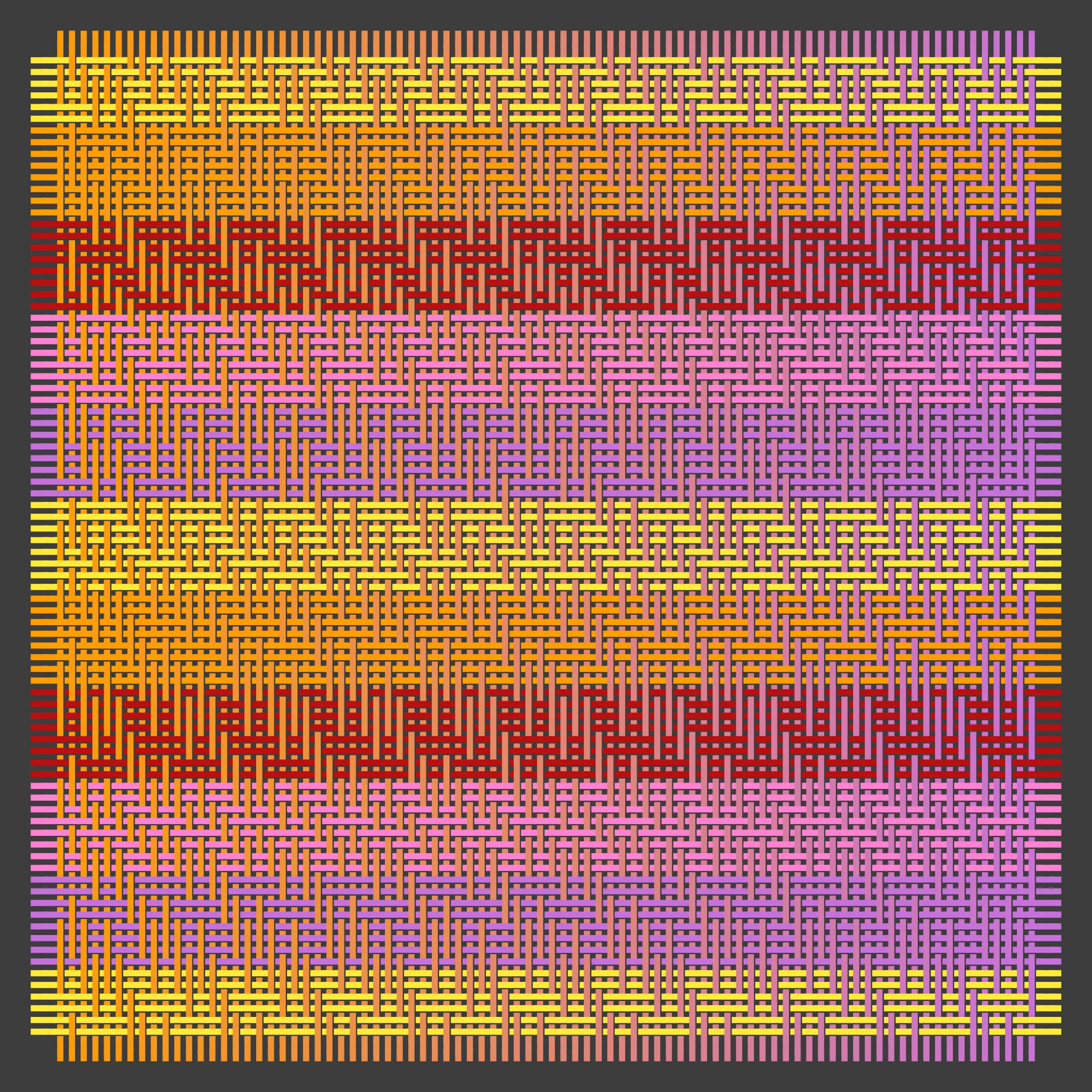 Horizontal and vertical threads weave together guided by a punching card generated at the moment of transaction. Often randomness distorts the orderly woven pattern. Thread colours are picked from a single colour palette. 10% of the sales from this drop will be donated to charity: water to bring clean and safe water to people in need.