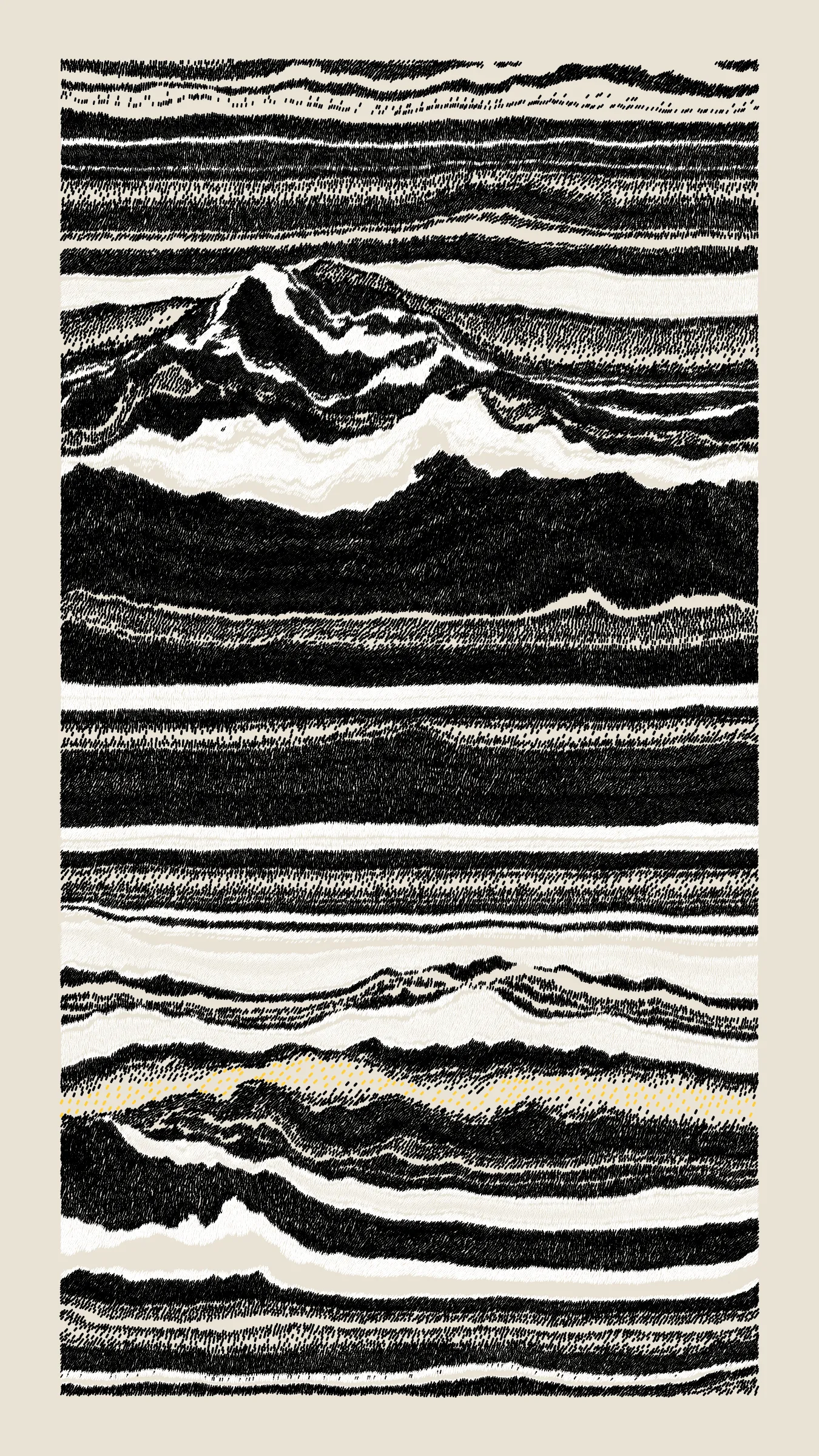 Stratified landforms constructed from many small strokes of colour. The hash of each token describes a coordinate within a multidimensional generative space, locating a unique composition that lies along one of many possible longitudes.