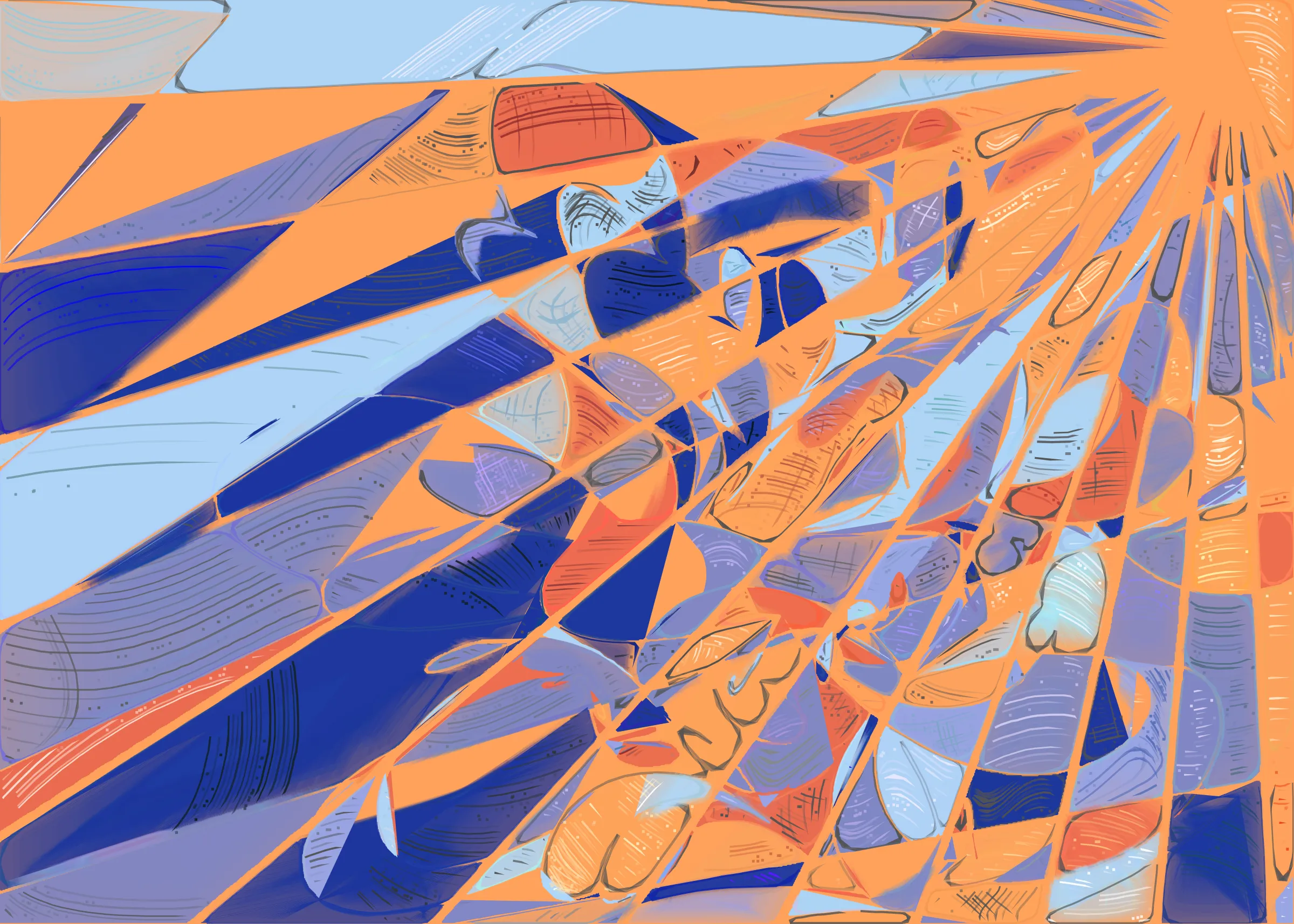 **Running Moon** depicts the nuanced interaction between clouds and moonlight. It is a search for boundaries between structure and fluidity, precision and errors. It is a quest for harmony. 

The rendering of **Running Moon** is inspired by stained glass and watercolor. It captures the sharpness of the glass and the softness of light using abstract forms. As organic shapes gradually expand to fill the space, brush-pen-like stripes solder these pieces together to form intricate compositions.