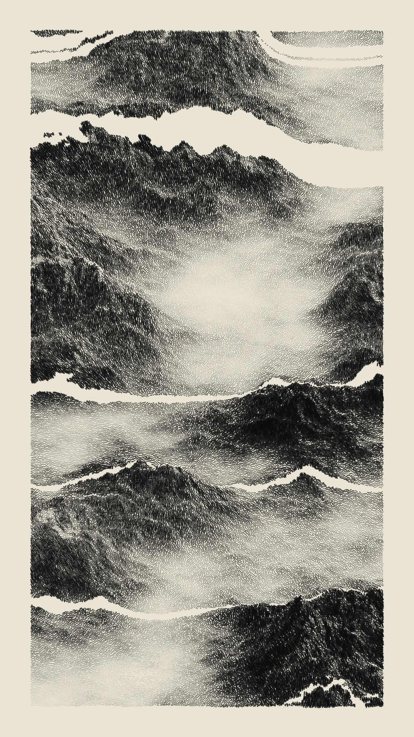 Stratified landforms constructed from many small strokes of colour. The hash of each token describes a coordinate within a multidimensional generative space, locating a unique composition that lies along one of many possible longitudes.