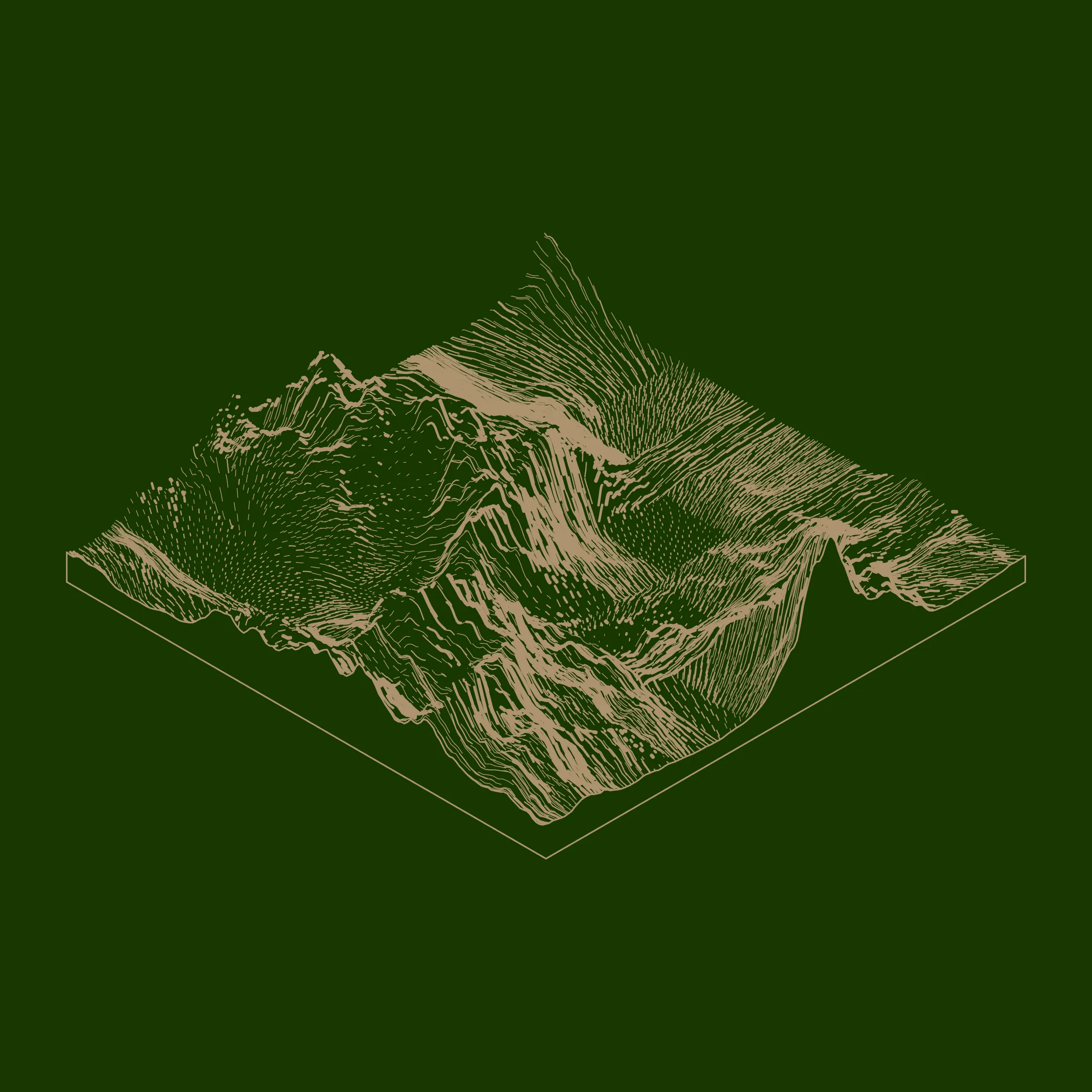 A generative algorithm that draws the impression of a landscape from a multitude of possibilities. The unique seed from each token drives the parametric assortment of lines, colors, and forms into a constructed composition.