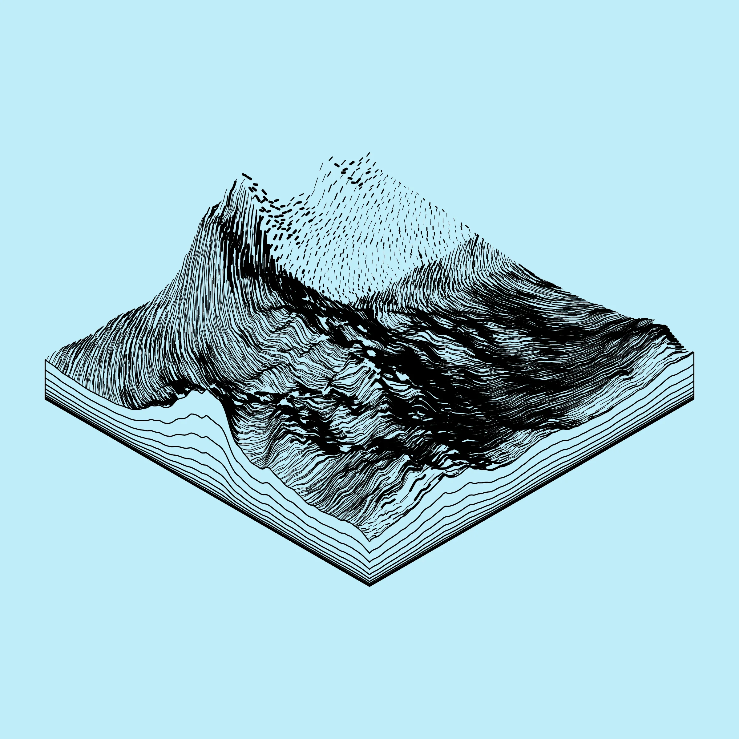 A generative algorithm that draws the impression of a landscape from a multitude of possibilities. The unique seed from each token drives the parametric assortment of lines, colors, and forms into a constructed composition.