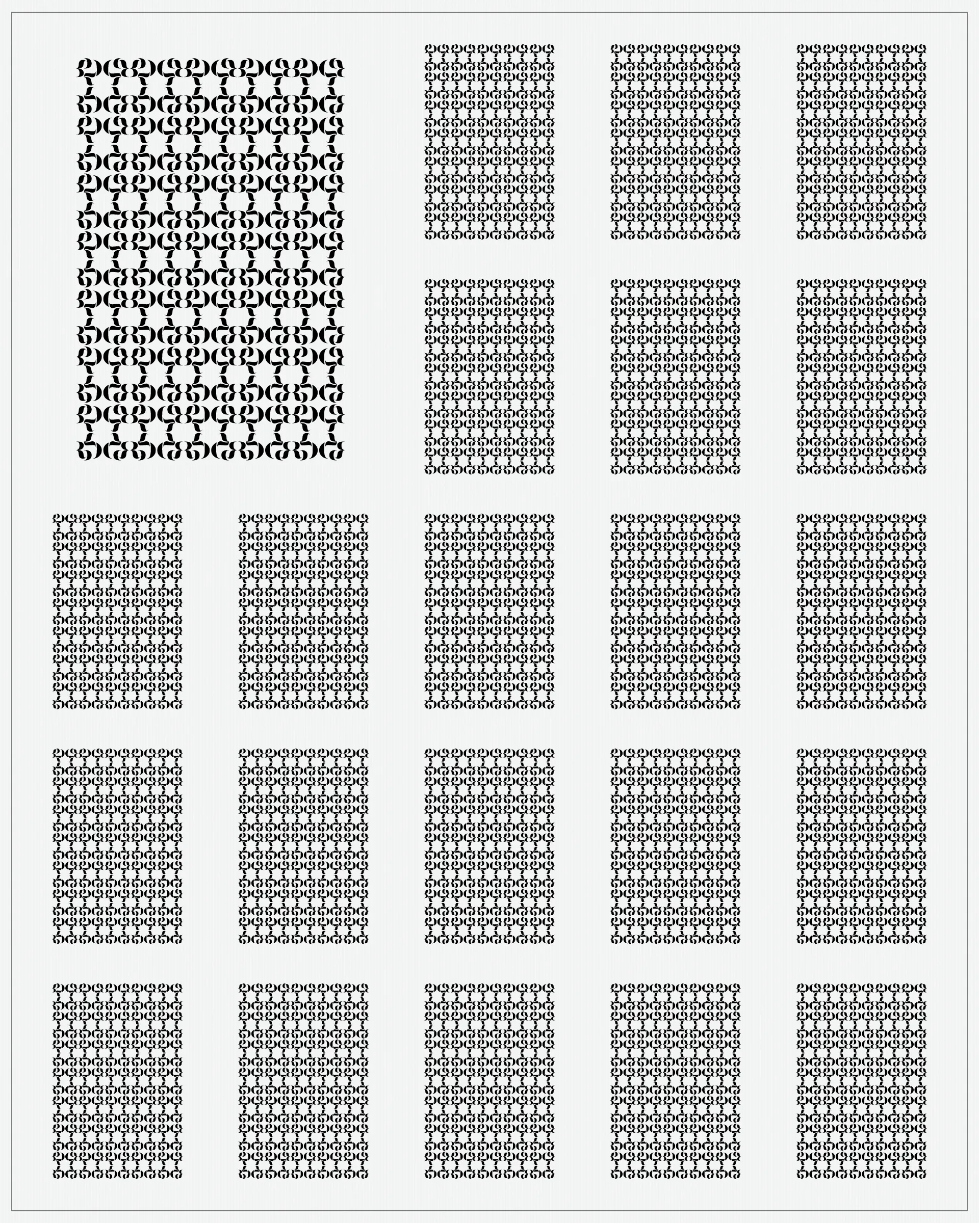 Abstract typographic elements slide together to create new characters. In some compositions, a single character is featured. In others, characters string together to form words and sentences, which the algorithm shapes into often-familiar layouts.

The type designer Gerard Unger said “it is almost impossible to look and read at the same time”. Asemica invites you to look without the burden of legibility.

Created by Emily Edelman, Dima Ofman, and Andrew Badr. Command-S to download a vector file. Live token best viewed in Chrome.