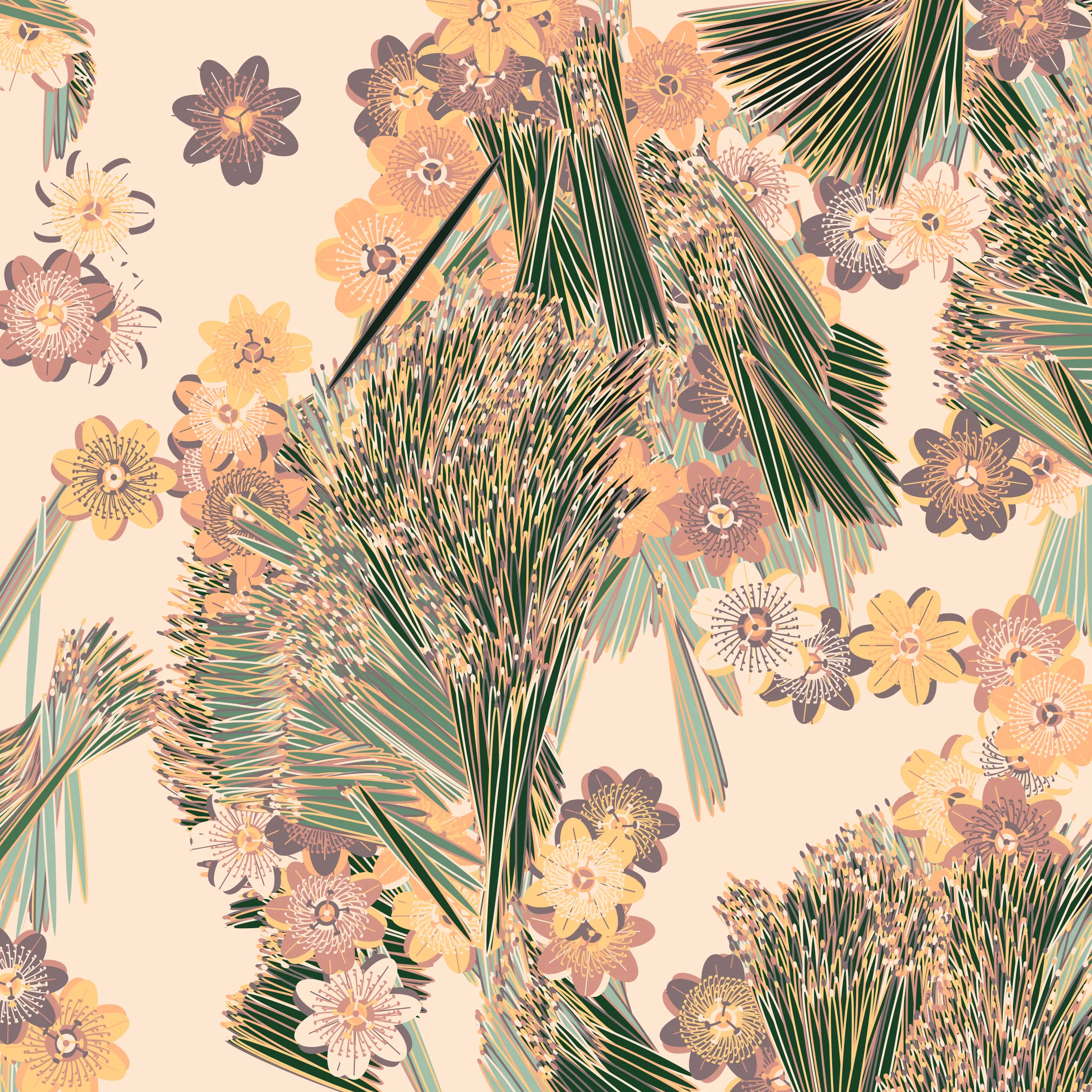 “Fragments of an infinite field” is a compositional system in which an idealized plant species is generated and arranged in a potentially infinite field of foliage. The main environmental parameter of the composition is the determination of a season of the year. The season determines the landscape’s colors and defines specific phenomena for each of them, such as rain in summer, snow in winter, petals falling in autumn, and pollen in spring. The flower has several possible variables, which can be macro aspects, affecting the entire population of the species, or micro, affecting each individual of the species differently. For example, the number of petals can be equal in all individuals or not. The number of filaments and other structures of the flower can undergo minor deviations, generating small mutations. The confusion between the figure (plant) and the background (earth, sky, other natural elements) is fascinating from a compositional point of view. The background colors are, most of the time, colors present in the figures, often breaking the boundary between them and, therefore, generating chromatic masses. In this project I also intend to research the following question: How to create parameters that resemble a living organism's growth? In this sense, the project approaches digital morphogenesis and the development of procedural organisms.