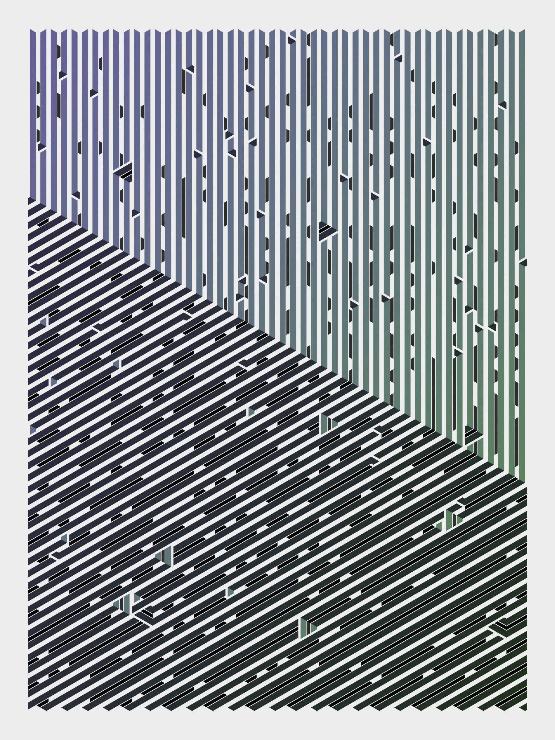 Lines are bent and shaded. There are no wrong turns. 

[Interaction in live view: press 1-7 or left/right arrow keys to see the stages of sketch construction: 1-grid, 2-divide, 3-tile, 4-bend, 5-shade, 6-color, 7-texture].