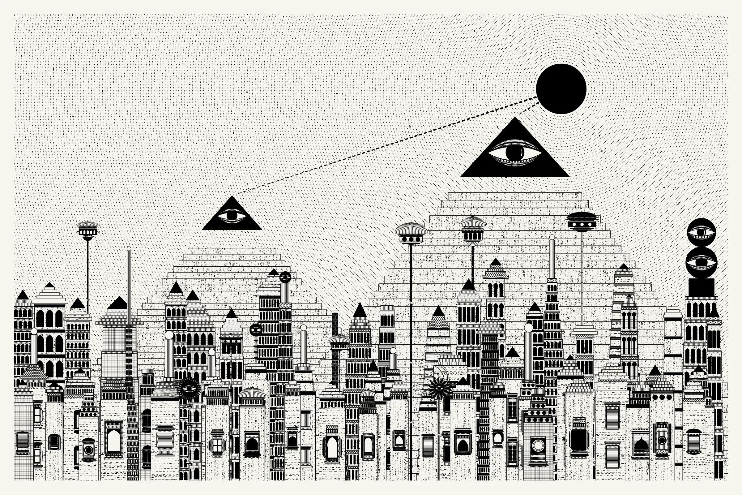 _Alan Ki Aankhen_ is an exploration of other-worldly cityscapes in the visual aesthetic of Fahad’s distinct style with pen and paper. The title, translated as _Alan’s Eyes_, alludes to Alan Turing’s machine intelligence test - a thought experiment foreshadowing a moment in which we can no longer differentiate between the real and the artificial. Though first proposed in 1950, the topic feels especially relevant today, as even our creative practices are being carried by shifting technological tides.

The algorithms and decision-making encoded into this generative art project intentionally imitate Fahad’s approach on traditional mediums - composition rules, textures, and overall themes. The visual elements are inspired by Fahad’s memories from his nomadic life. You’ll find intricate windows from Rajasthan, massive Egyptian pyramids rising from the horizon, a density of civilization only seen in New York, and the moon - a comforting and shared sight no matter where you stand.