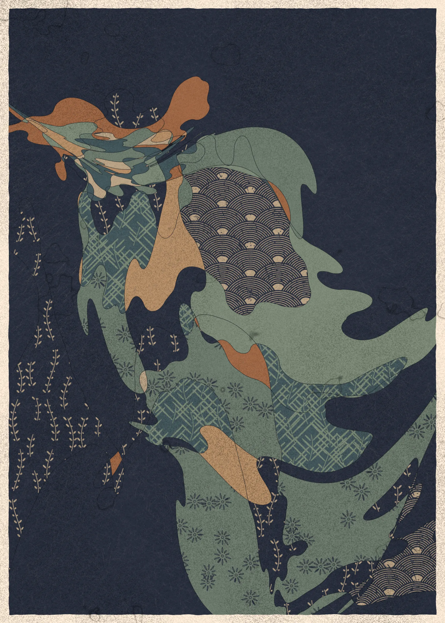 Memories of Qilin is inspired by traditional East Asian art. It channels the sense of movement and fluidity found in classical Chinese brushwork, while drawing from the colors, patterns, and forms of ukiyo-e woodblock prints. 

The series explores elements of folklore, evoking the mythological imagery of dragons, phoenixes, flowers, and mountains.  The title references a fabled chimerical beast found throughout East Asian mythology (while the qilin is its Chinese name, it is also known in Korea as the girin and Japan as the kirin) that represents prosperity and luck.

Viewers are invited to interpret elusive forms that verge on representation. As with the stories passed on through generations, each piece is imagined, organic, and ever-in-flux.