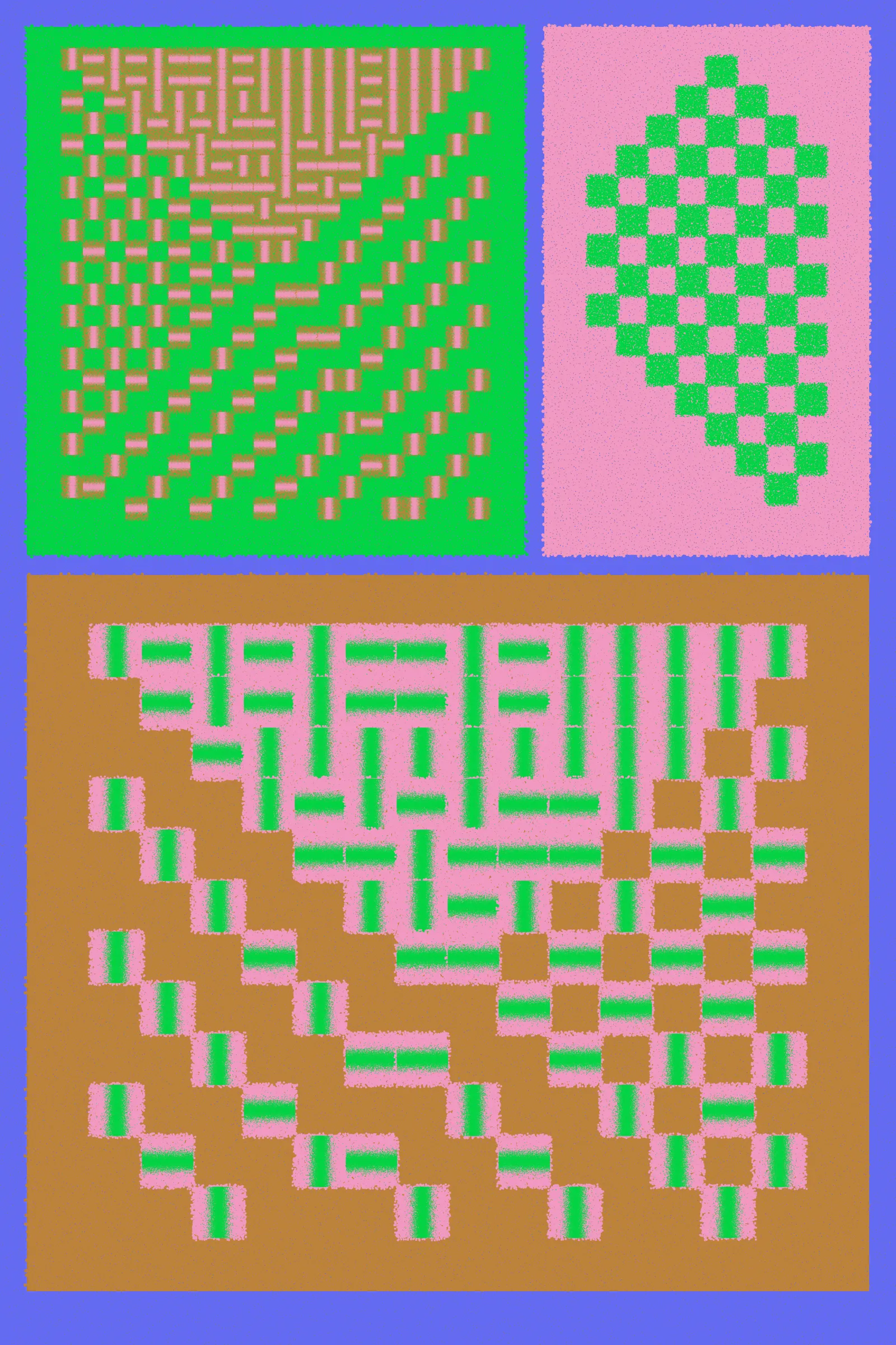 Fermented Fruit is a generative art series designed to live on the Ethereum blockchain and to be rendered in real-time by the browser. Just as food is transformed by microorganisms during the process of fermentation, the substrate of the HTML canvas is broken up into parts and transformed by cellular patterns. The project features the simulated lifeforms of cellular automata that evolve and shape-shift down an asymmetrical grid. The final artwork juxtaposes a number of textured cellular automata patterns against one another within a singular composition.